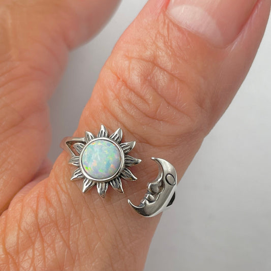 Sterling Silver Sun and Moon Ring: White Lab Opal Celestial Jewelry
