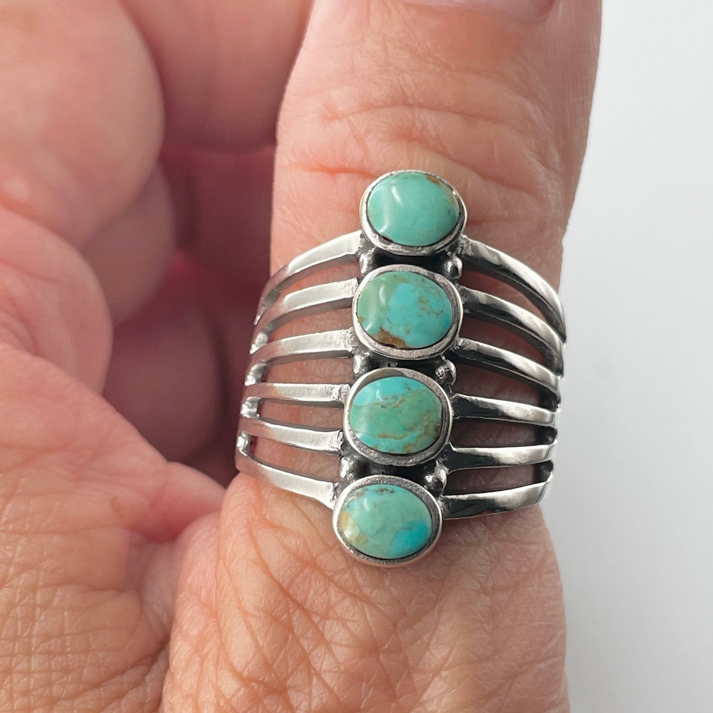 Genuine Turquoise Sterling Silver Ring: Multiple Band Boho Statement Ring