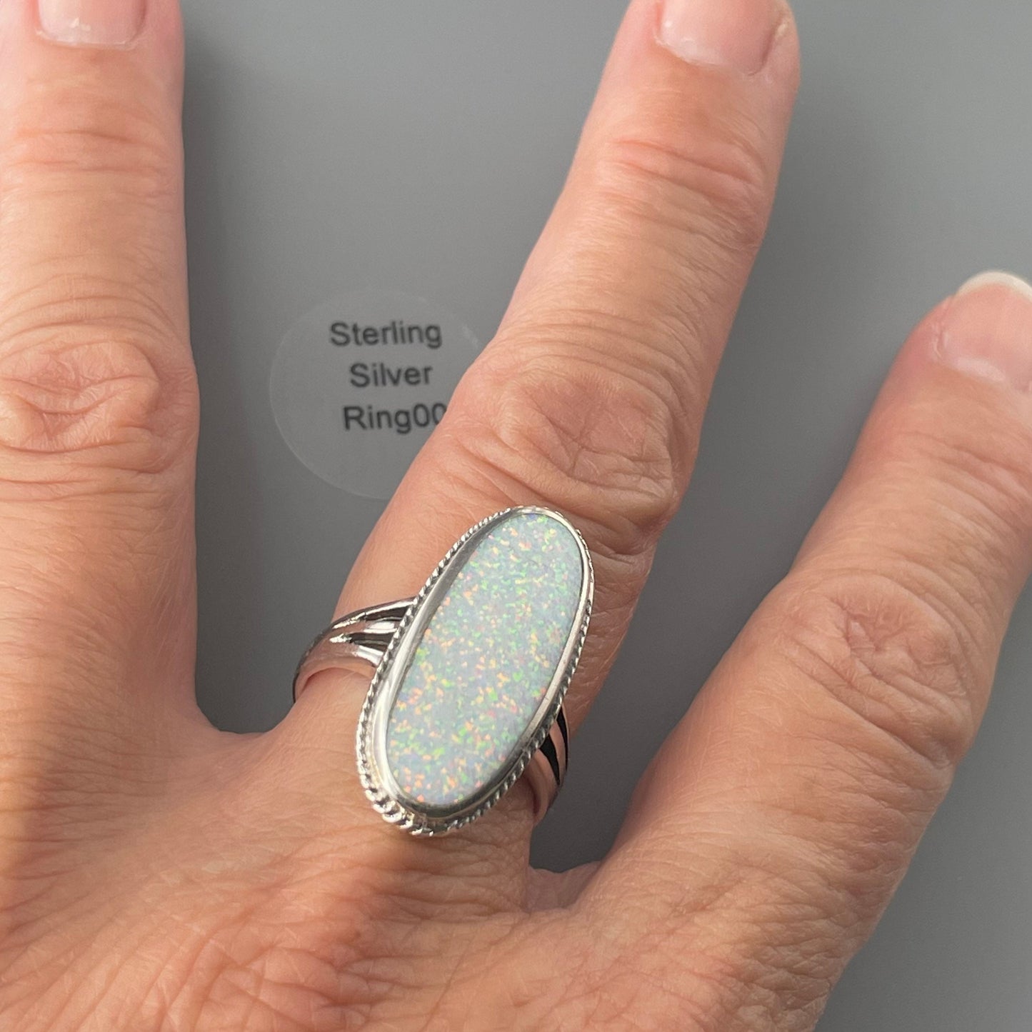 Large White Lab Opal Sterling Silver Ring - October Birthstone