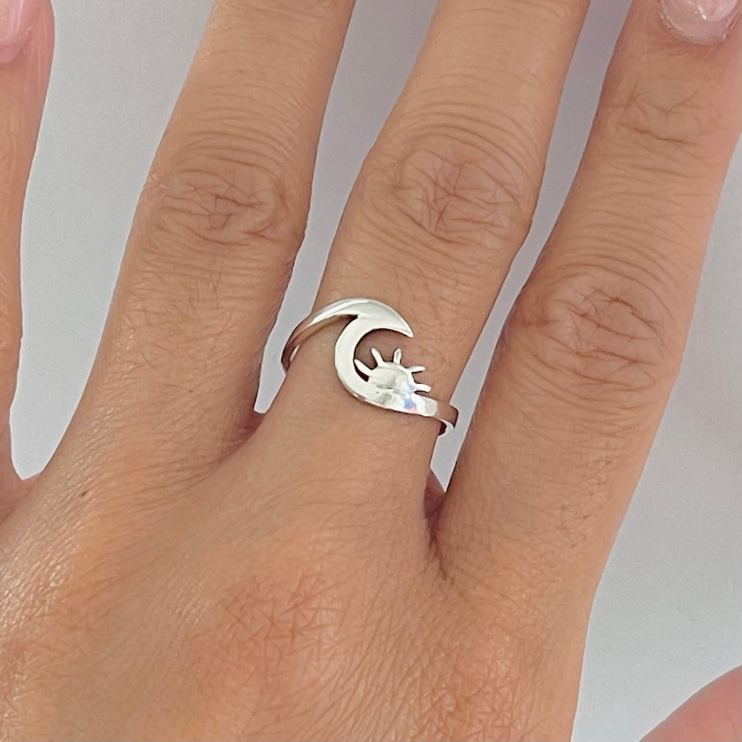 Dainty Sun and Wave Sterling Silver Ring, Crescent Ring, Silver Sun Ring, Wave Ring, Love Ring, Delicate Ring, Ocean Ring, Beach Ring