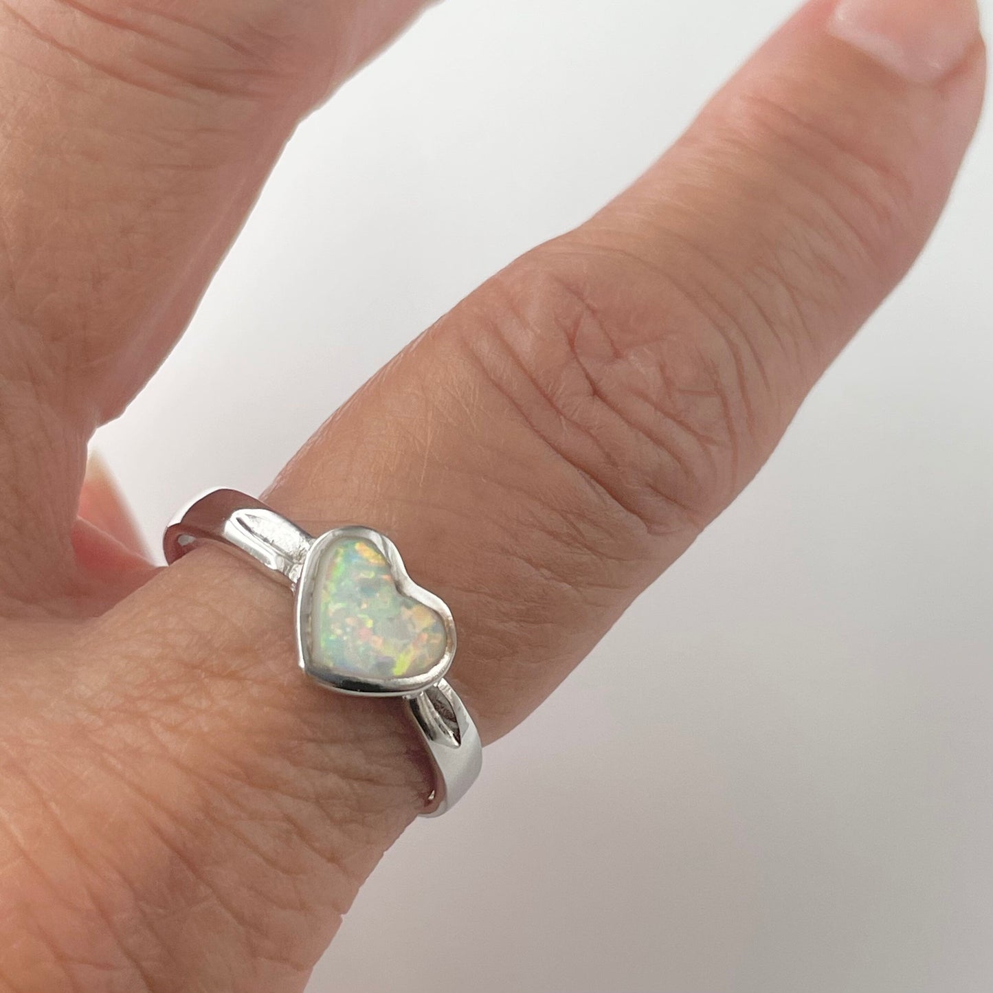 Sterling Silver White Opal Heart Ring: Promise Love Ring