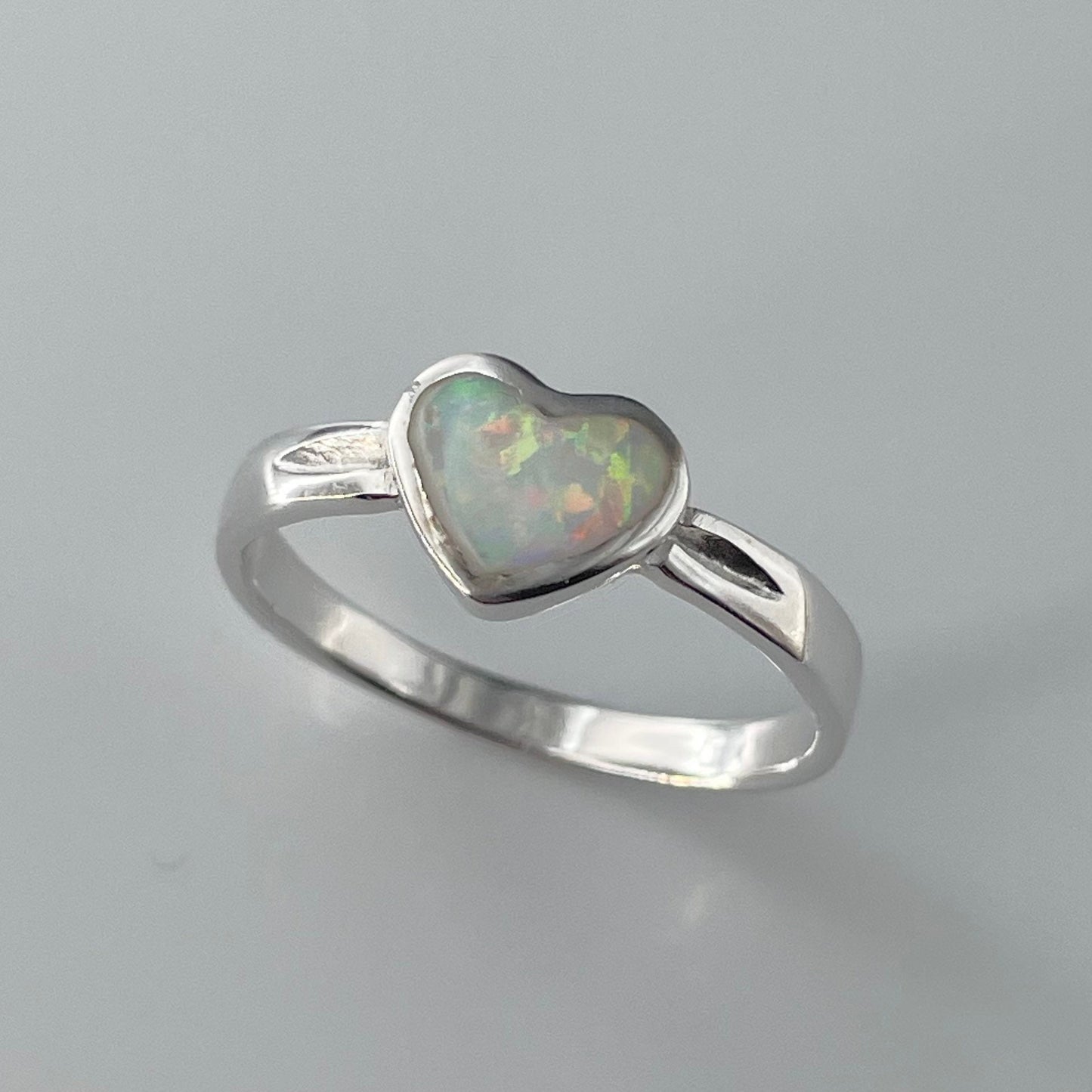 Sterling Silver White Opal Heart Ring: Promise Love Ring