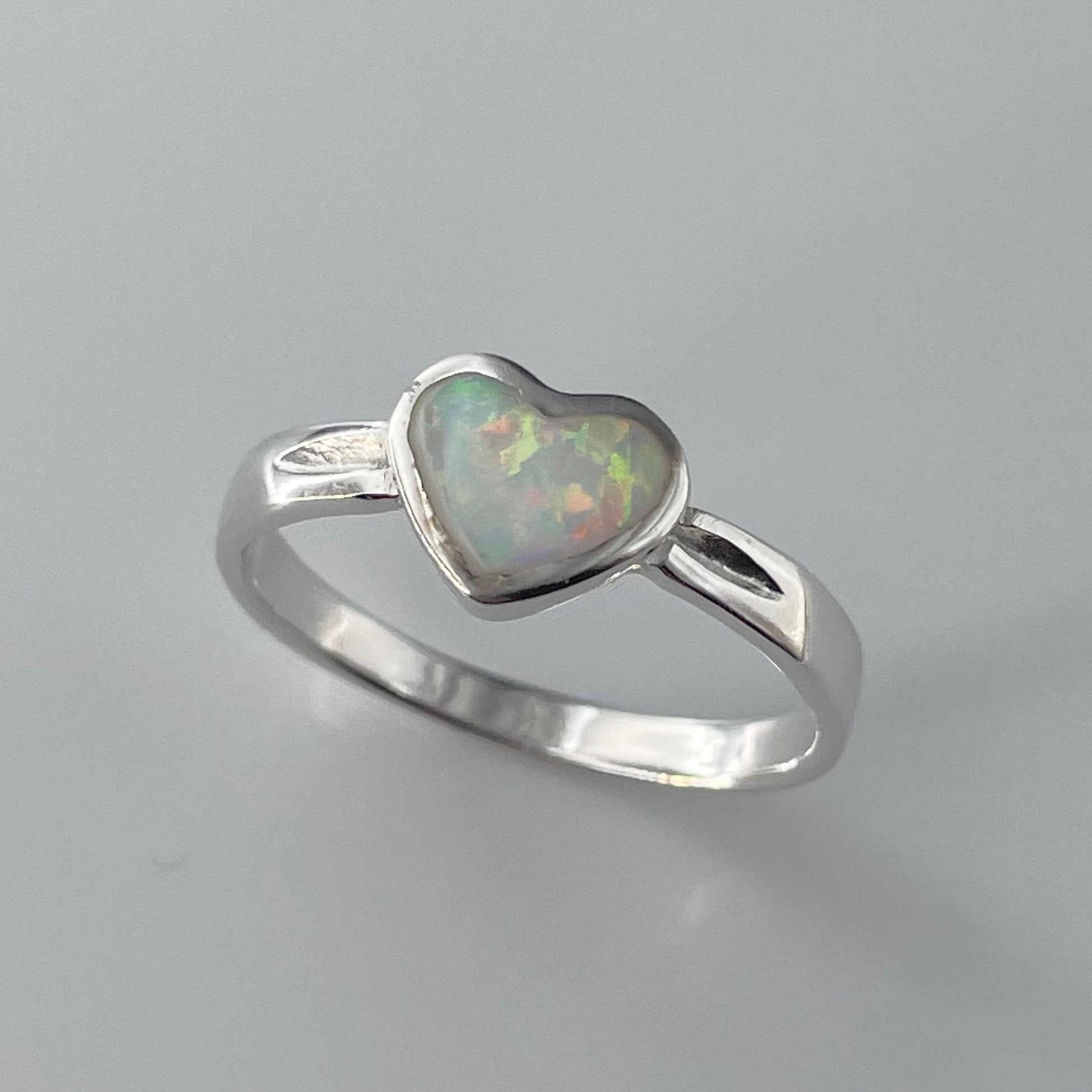 Sterling Silver White Opal Heart Ring: Promise Love Ring