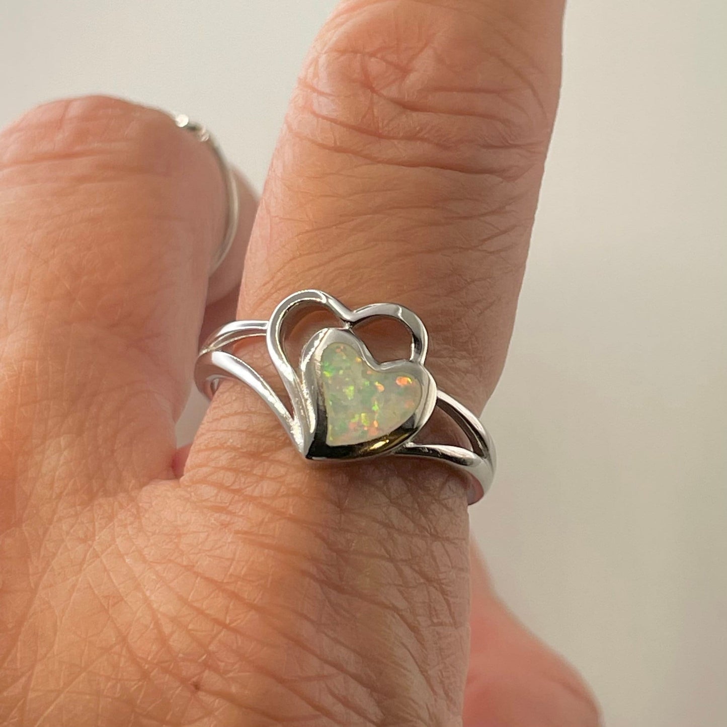 Fire Opal Two Hearts Sterling Silver Ring, Opal Heart Ring, Silver Hearts Ring, Friendship Heart Ring, Promise Hearts Ring, I Love You Ring.