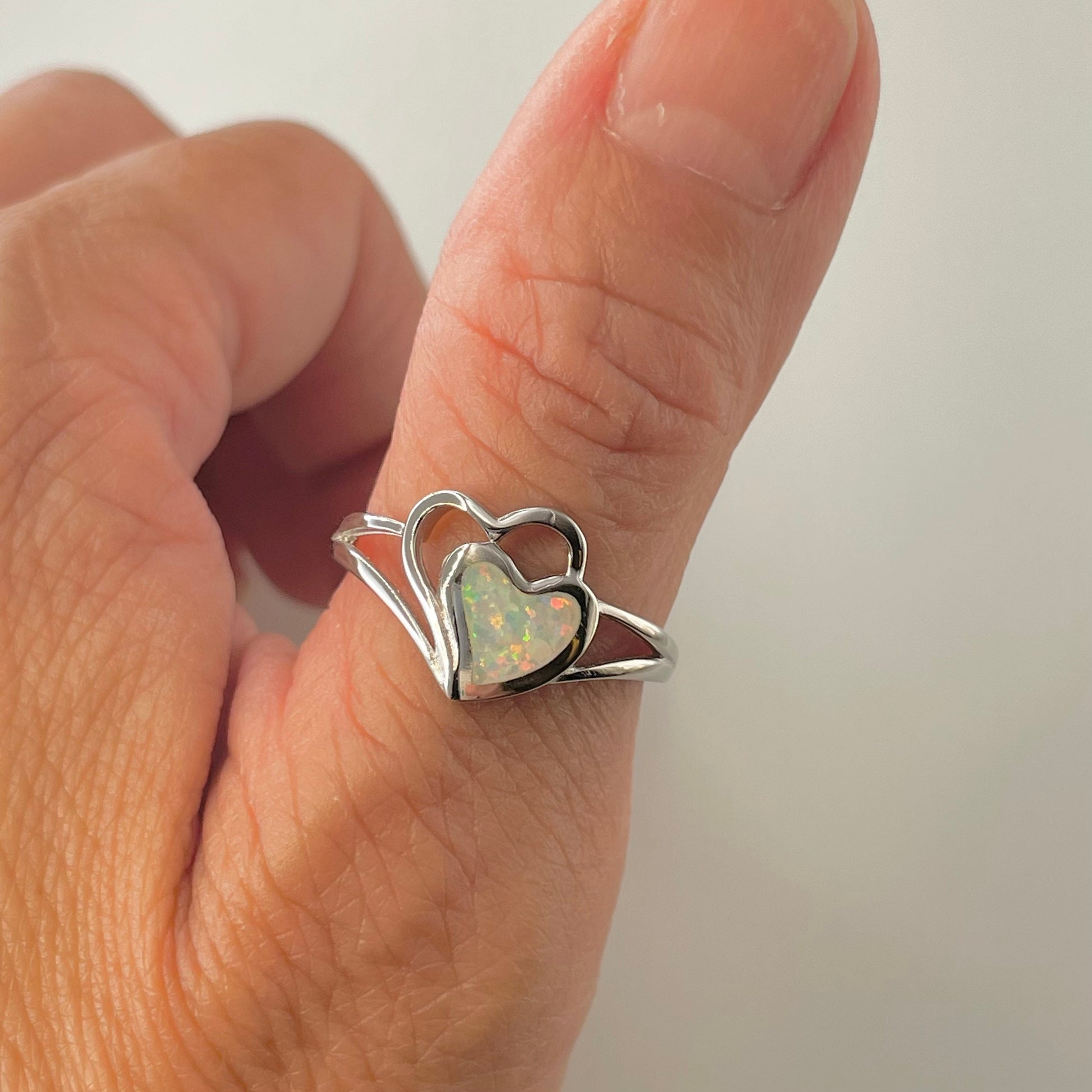 Sterling Silver Double Heart Ring: Fire Opal Promise Ring
