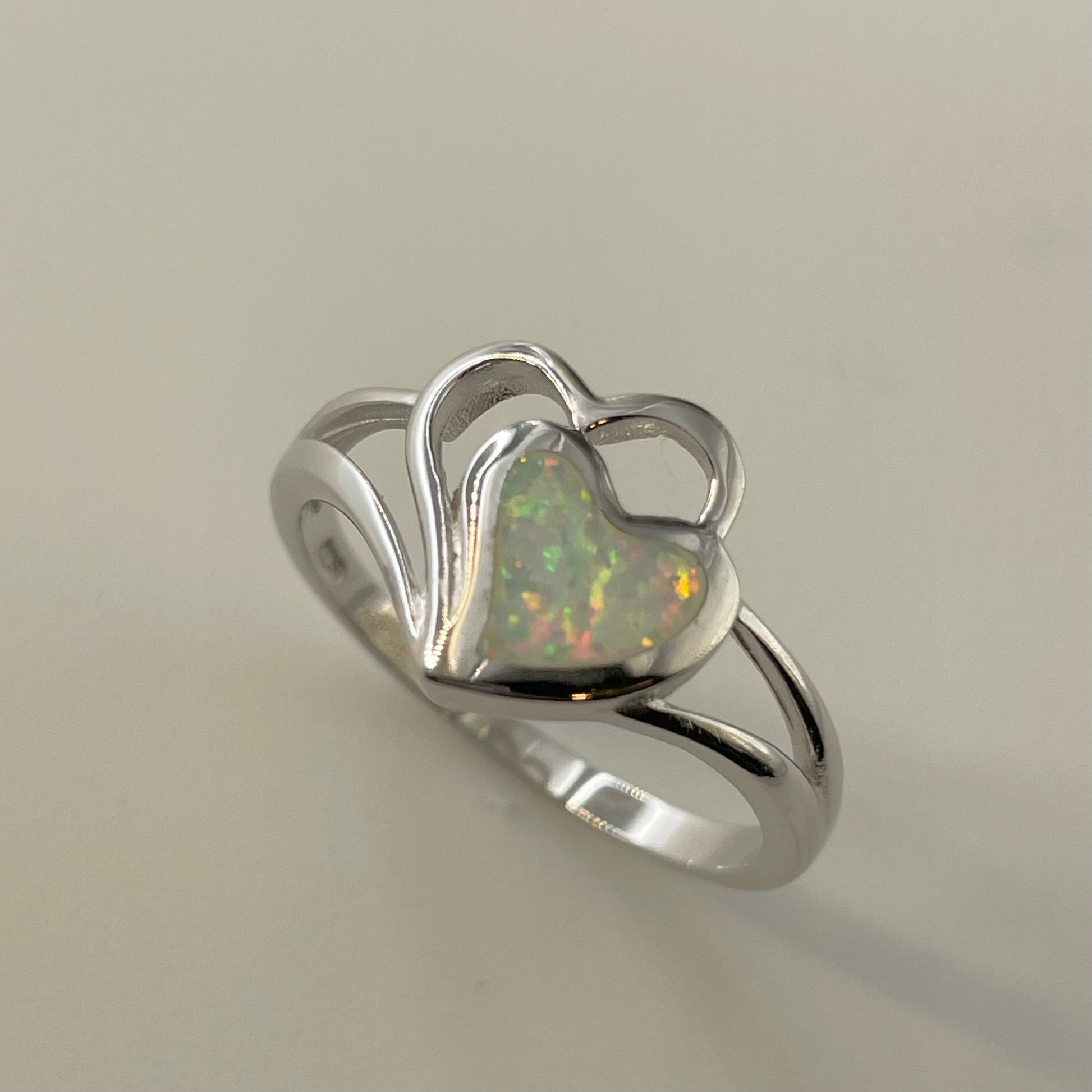 Fire Opal Two Hearts Sterling Silver Ring, Opal Heart Ring, Silver Hearts Ring, Friendship Heart Ring, Promise Hearts Ring, I Love You Ring.