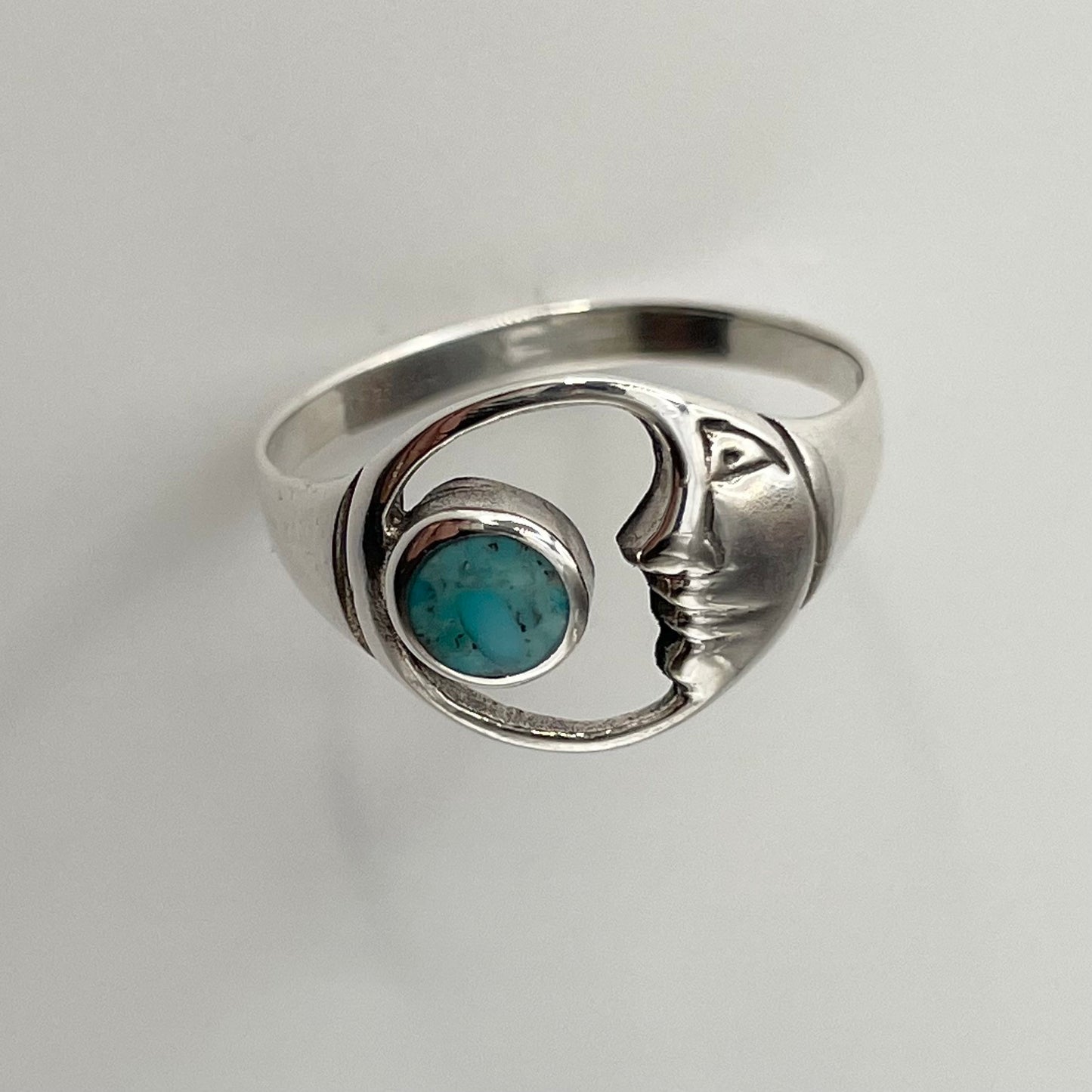 Genuine Turquoise or White Opal Moon Face Sterling Silver Ring, Celestial Ring, Moon Ring, Turquoise Ring, Opal Ring, Crescent Moon Ring