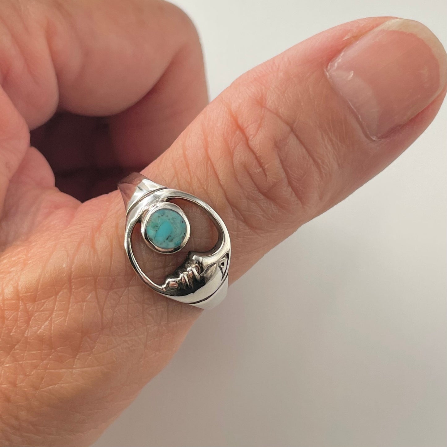 Genuine Turquoise or White Opal Moon Face Sterling Silver Ring, Celestial Ring, Moon Ring, Turquoise Ring, Opal Ring, Crescent Moon Ring