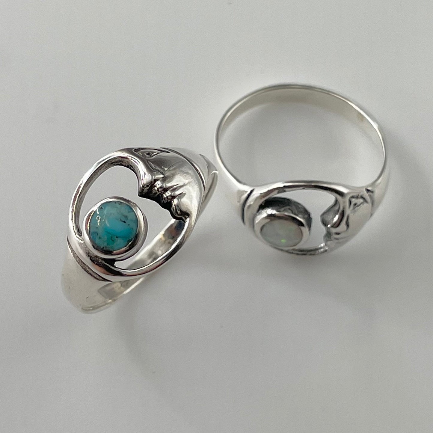 Genuine Turquoise or White Opal Moon Face Sterling Silver Ring, Celestial Ring, Moon Ring, Turquoise Ring, Opal Ring, Crescent Moon Ring