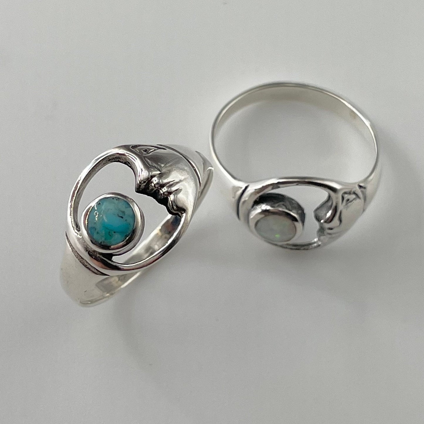 Turquoise or Opal Moon Face Ring: Sterling Silver Celestial Jewelry
