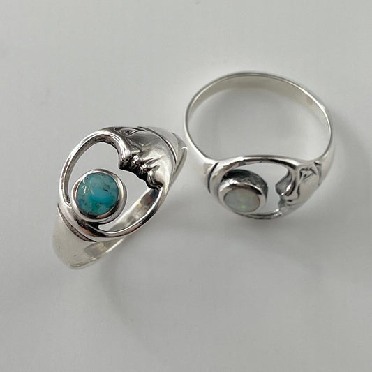 Genuine Turquoise or White Opal Moon Face Sterling Silver Ring, Celestial Ring, Moon Ring, Turquoise Ring, Opal Ring, Crescent Moon Ring