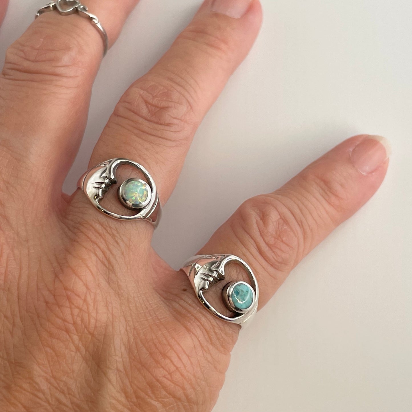 Genuine Turquoise or White Opal Moon Face Sterling Silver Ring, Celestial Ring, Moon Ring, Turquoise Ring, Opal Ring, Crescent Moon Ring