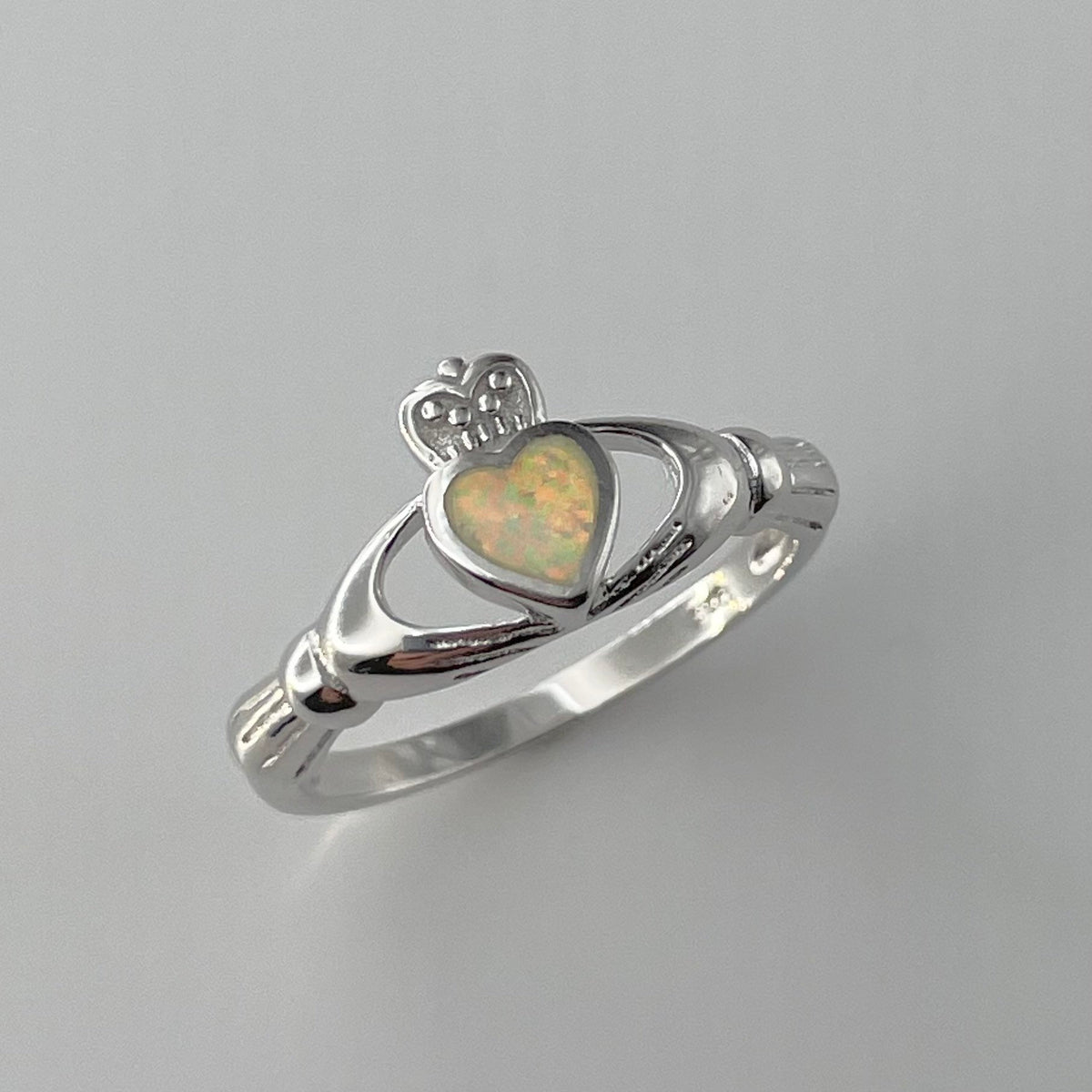 Sterling Silver Claddagh Ring: Lab Opal Heart, Irish Promise Ring