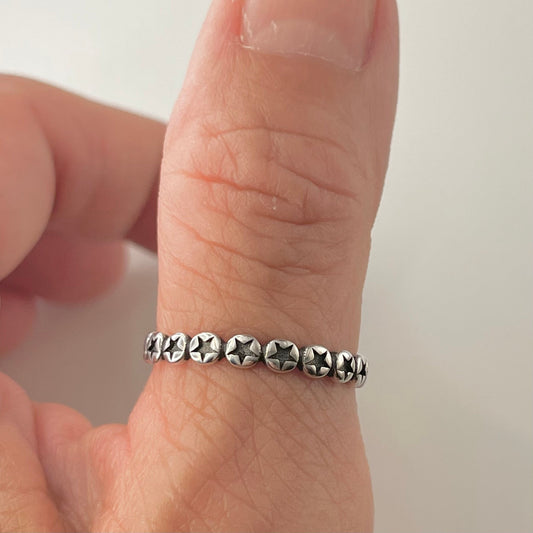 Oxidized Sterling Silver Star Eternity Band: Boho Stackable Ring