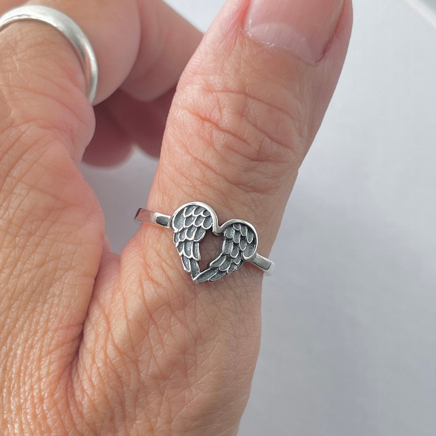 Sterling Silver Angel Wings Heart Ring: Boho Feather Jewelry