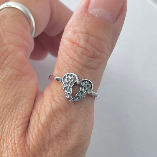 Sterling Silver Angel Wings Heart Ring: Boho Feather Jewelry