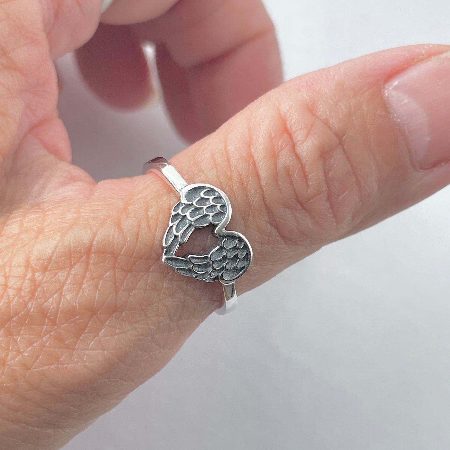 Angel Wings Heart Sterling Silver Ring, Wings Ring, Angel Ring, Feather Ring, Heart Ring, Boho Ring, Silver Ring, Religious Ring