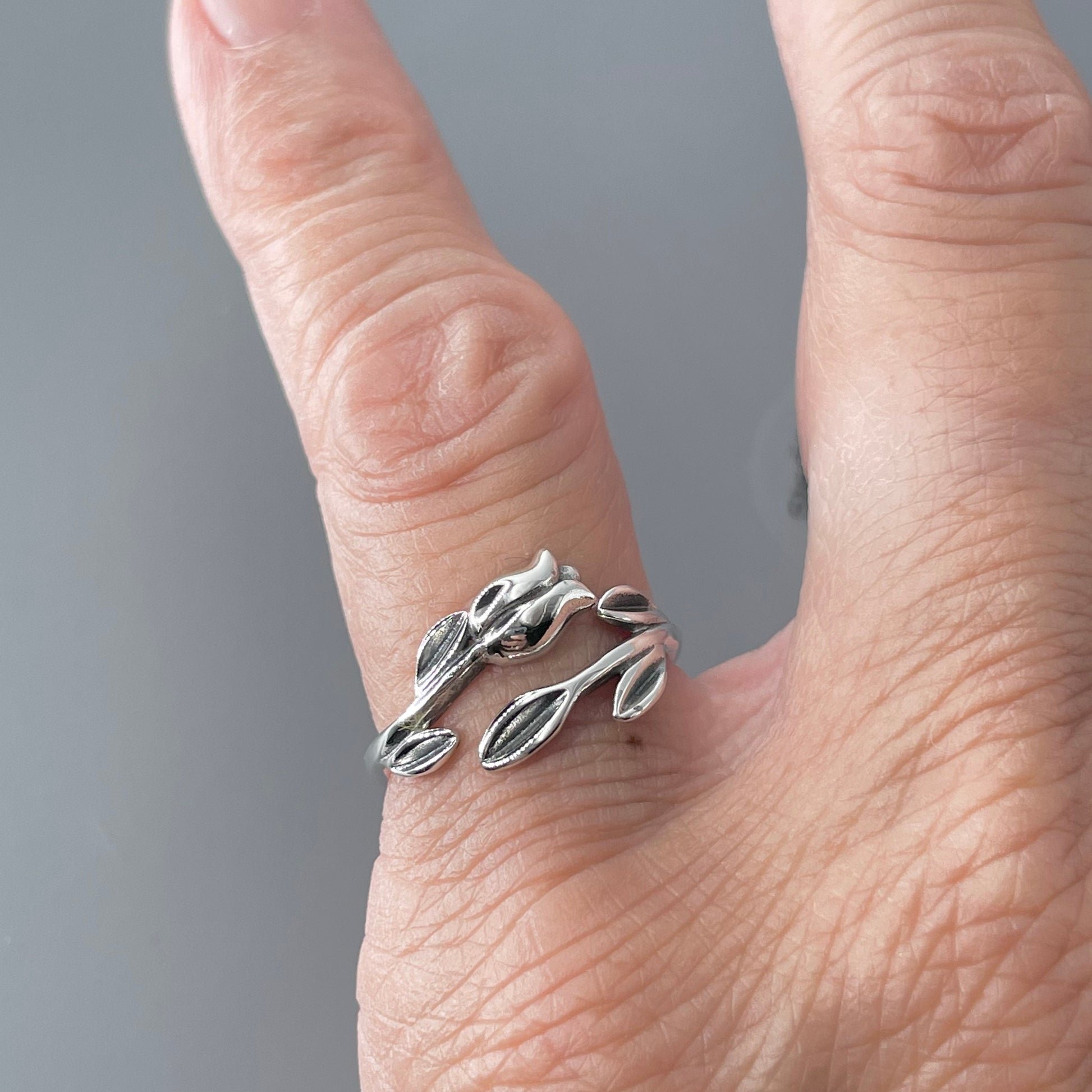 Sterling Silver Tulip Ring: Dainty Floral Band, Oxidized Finish