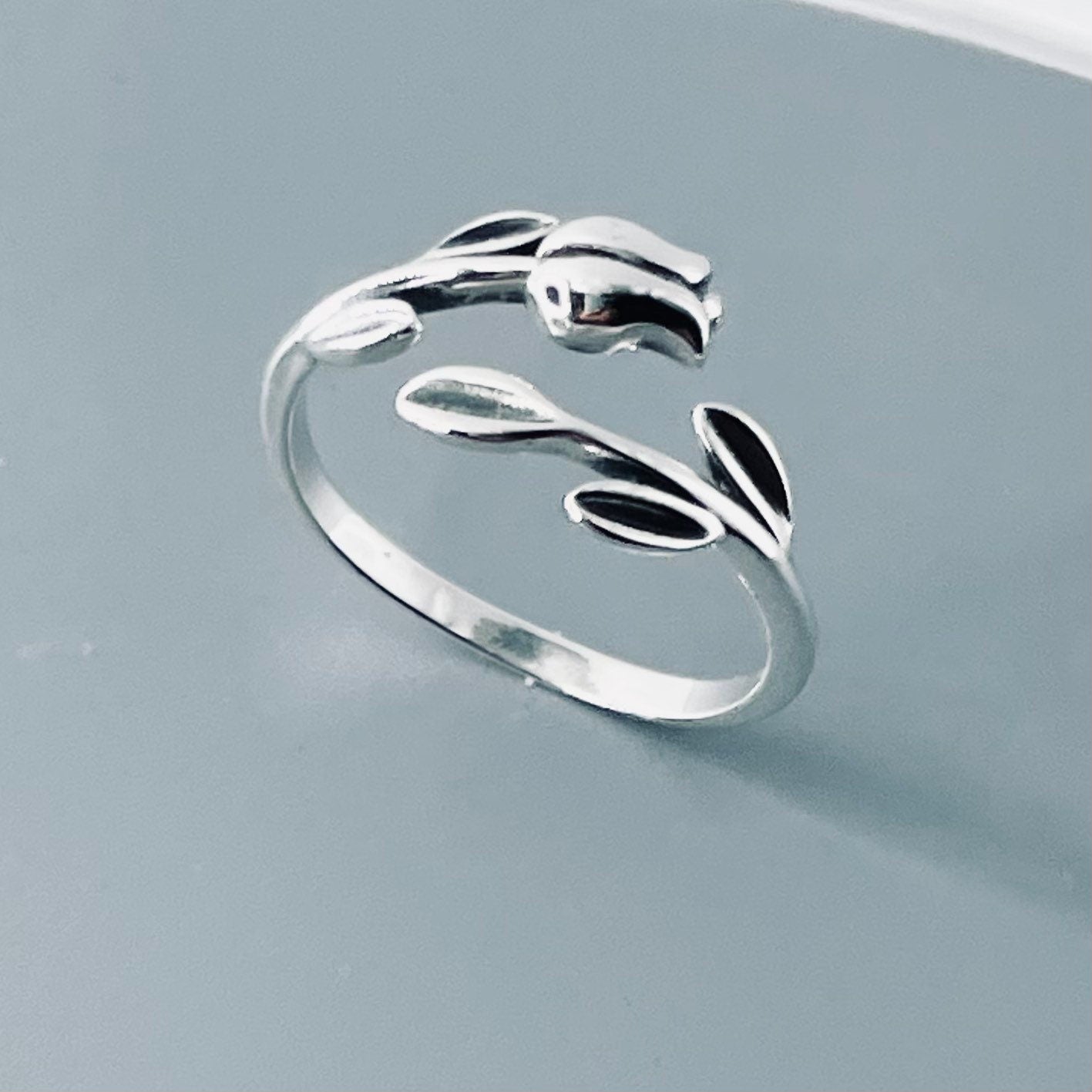 Sterling Silver Tulip Ring: Dainty Floral Band, Oxidized Finish
