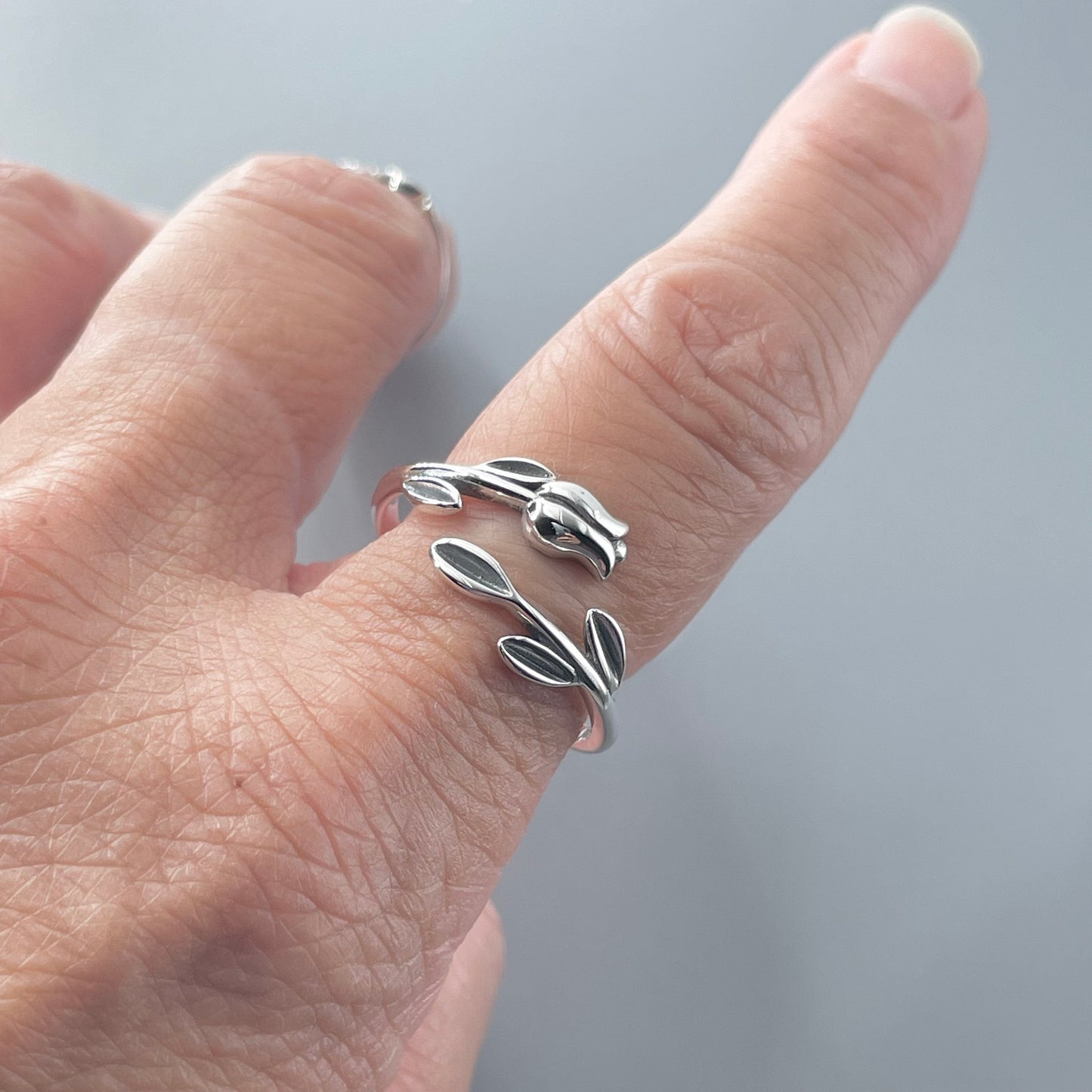 Sterling Silver Tulip Ring: Dainty Floral Band, Oxidized Finish