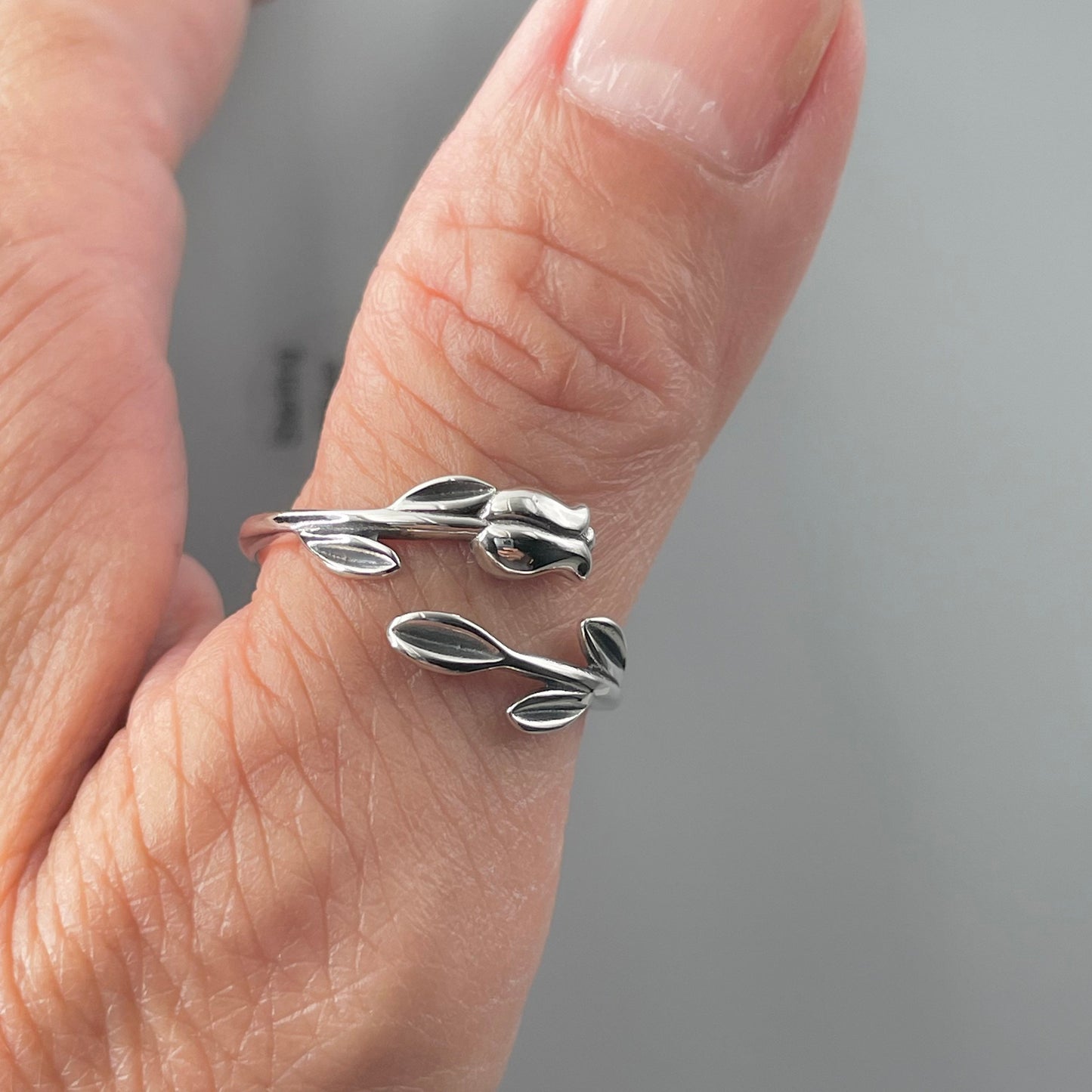 Sterling Silver Tulip Ring: Dainty Floral Band, Oxidized Finish