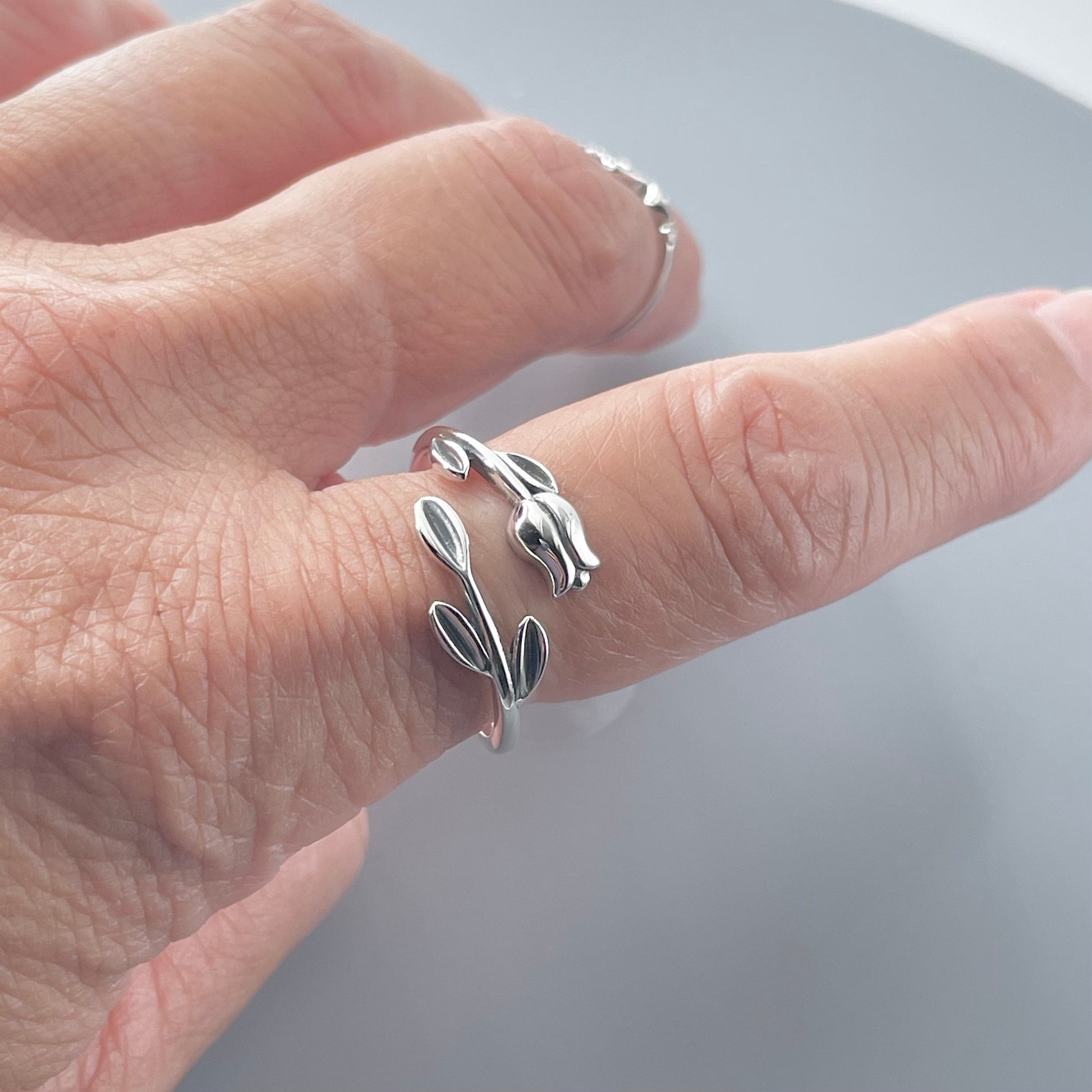 Sterling Silver Tulip Ring: Dainty Floral Band, Oxidized Finish