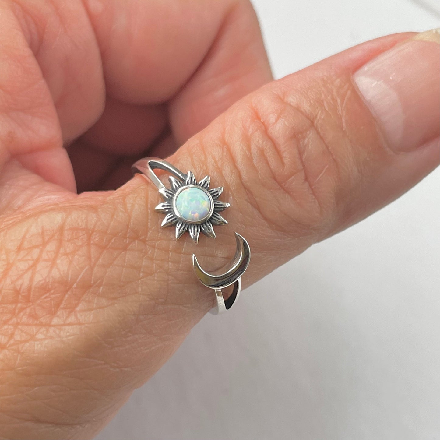 Sun and Moon White or Blue Opal Sterling Silver Ring, Opal Ring, Sun Ring, Moon Silver Ring, Celestial Ring, Sunflower Silver Ring, Sky Ring