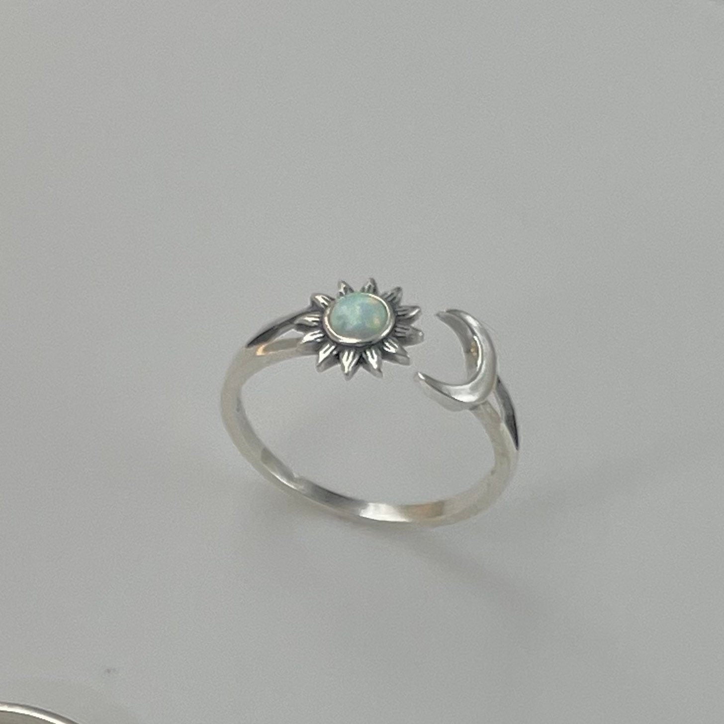 Sun and Moon White or Blue Opal Sterling Silver Ring, Opal Ring, Sun Ring, Moon Silver Ring, Celestial Ring, Sunflower Silver Ring, Sky Ring