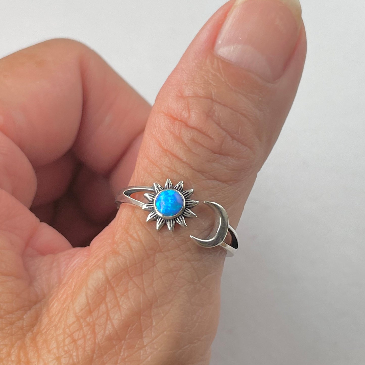 Sun and Moon White or Blue Opal Sterling Silver Ring, Opal Ring, Sun Ring, Moon Silver Ring, Celestial Ring, Sunflower Silver Ring, Sky Ring