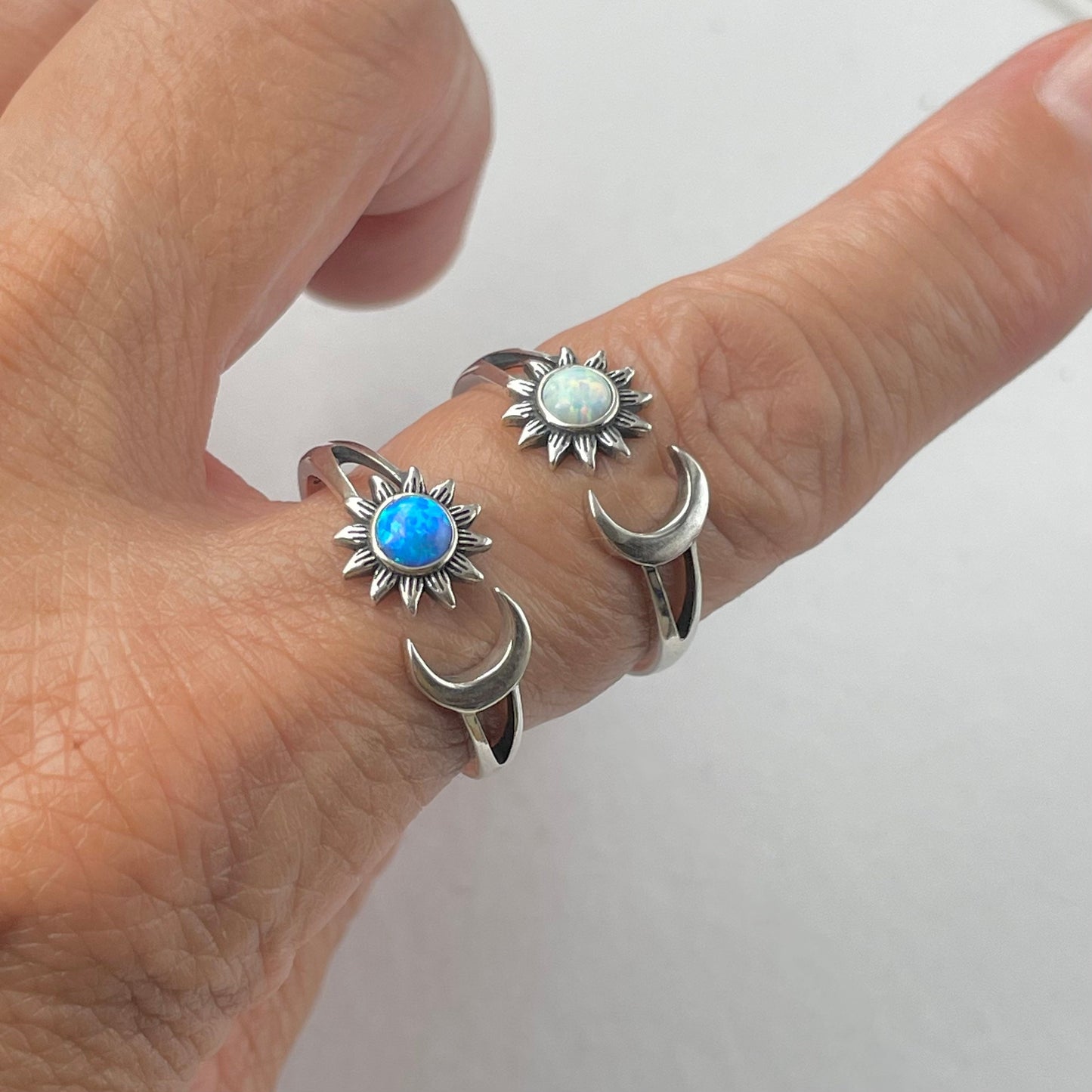 Sun and Moon White or Blue Opal Sterling Silver Ring, Opal Ring, Sun Ring, Moon Silver Ring, Celestial Ring, Sunflower Silver Ring, Sky Ring