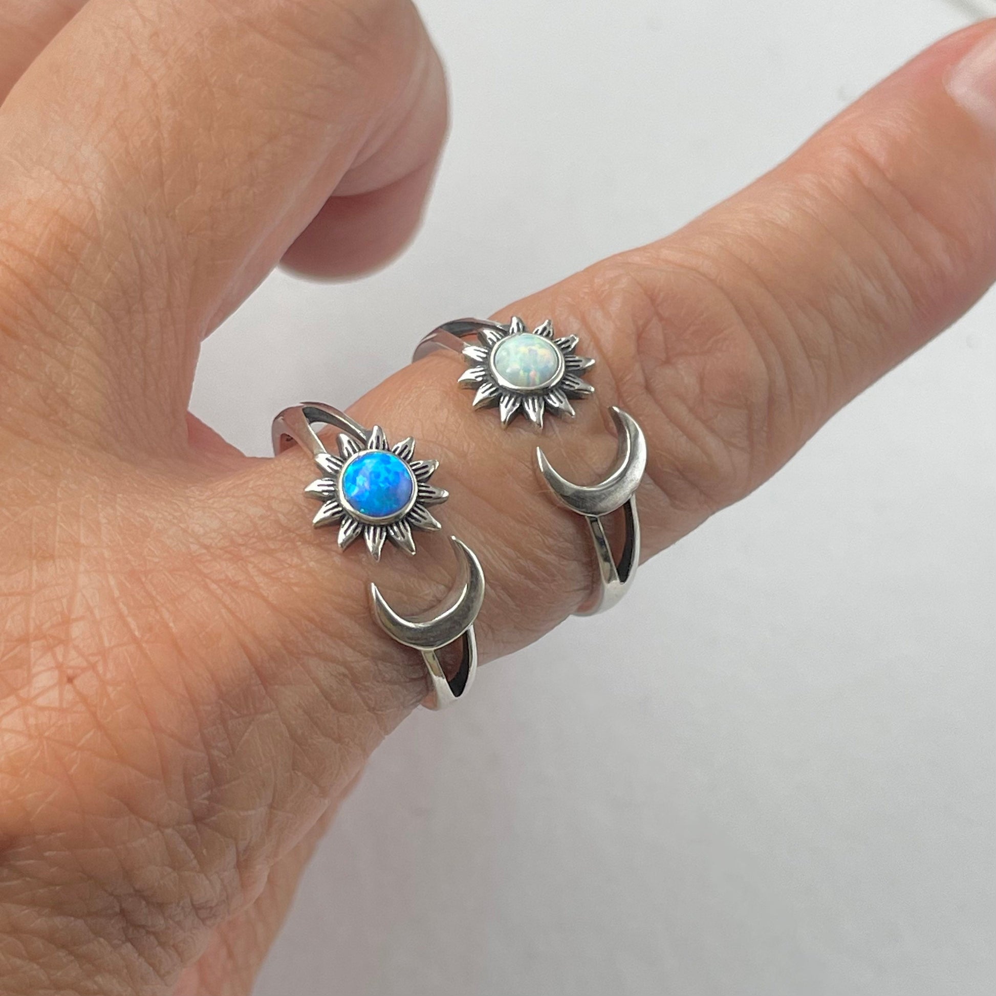 Opal Sterling Silver Sun and Moon Ring: Celestial Jewelry