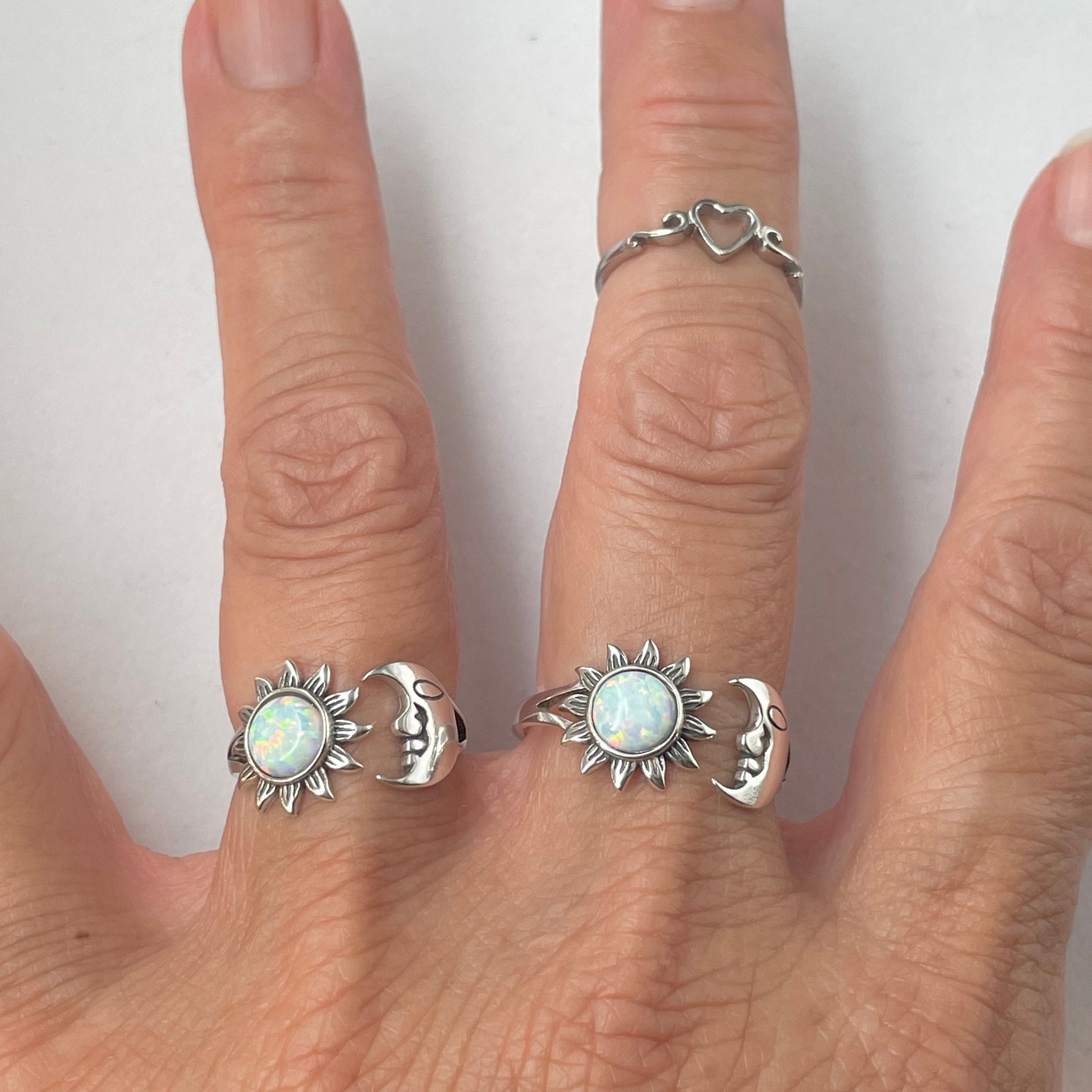Sterling Silver Sun and Moon Ring: White Lab Opal Celestial Jewelry