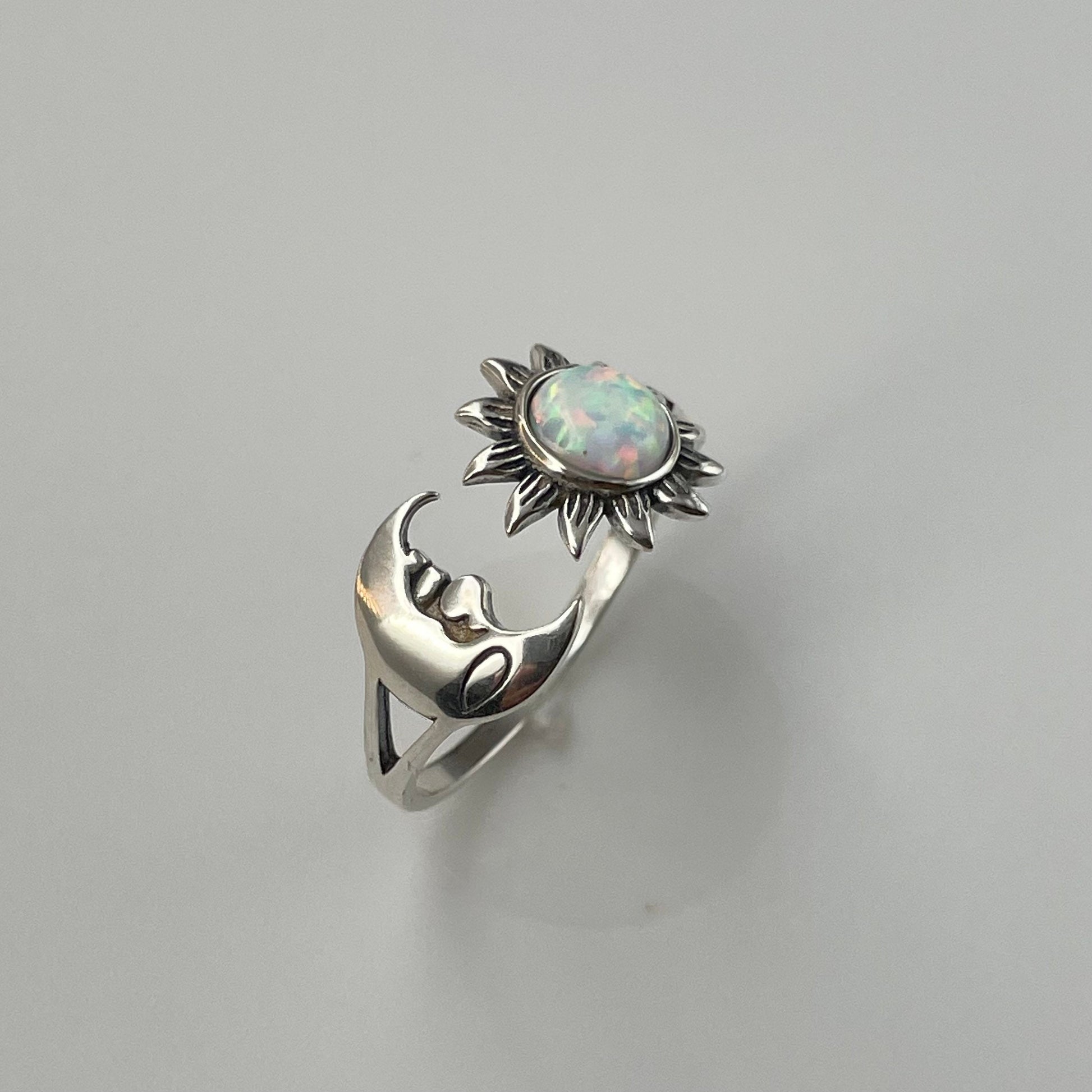 Sterling Silver Sun and Moon Ring: White Lab Opal Celestial Jewelry