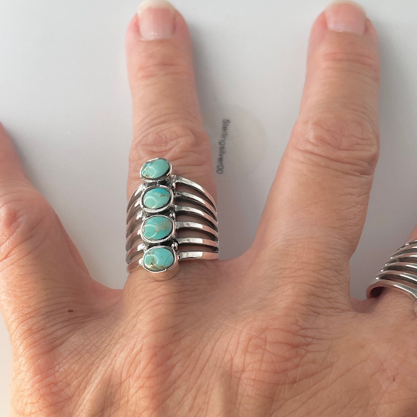 Genuine Turquoise Sterling Silver Ring: Multiple Band Boho Statement Ring
