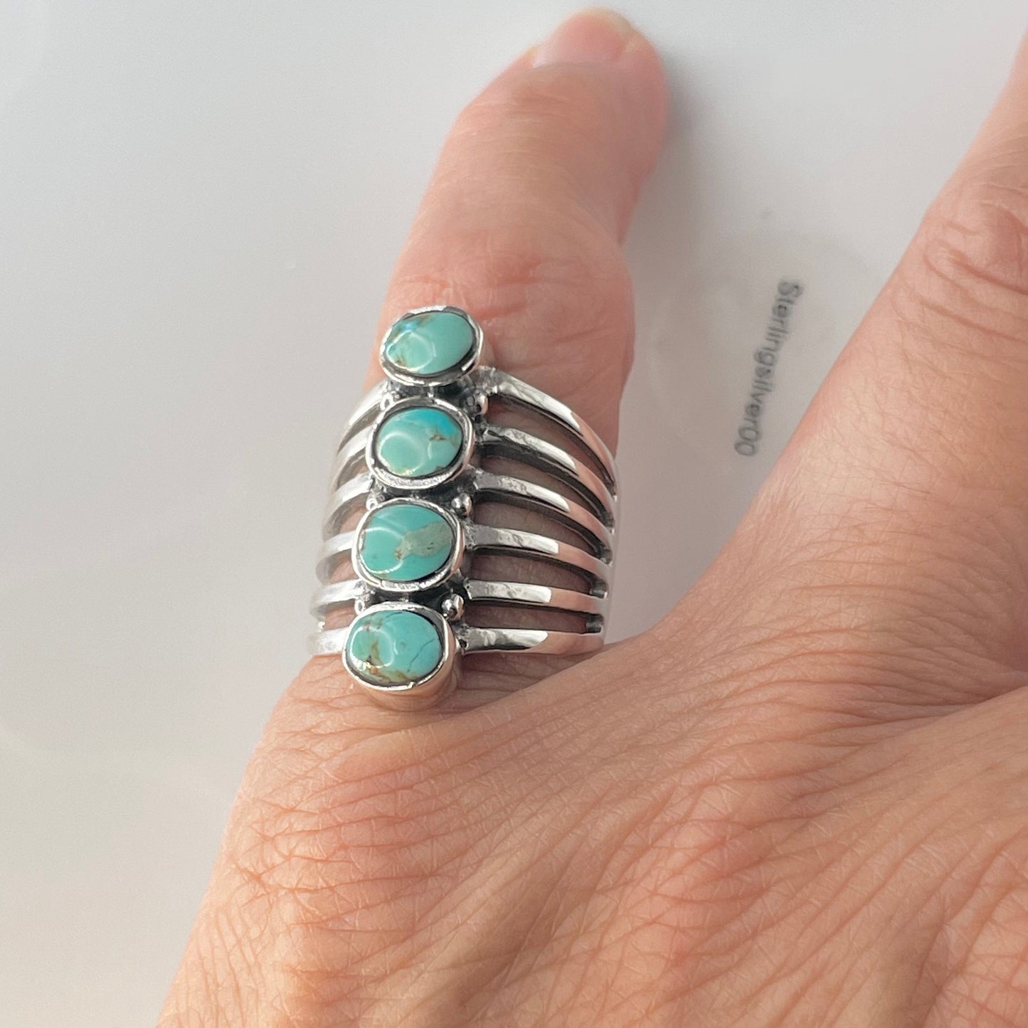 Genuine Turquoise Multiple Band and Stones Sterling Silver Ring, Silver Turquoise Ring, Boho Ring, Silver Turquoise Ring, Statement Ring