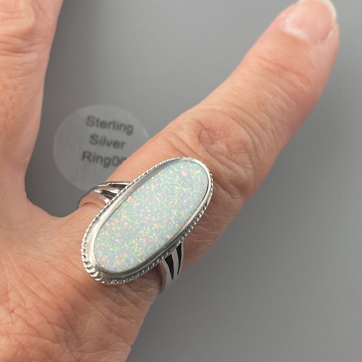 Large White Lab Opal Sterling Silver Ring - October Birthstone