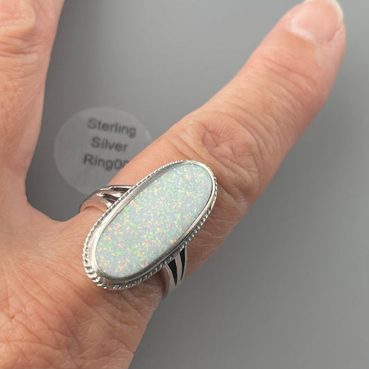 Large White Lab Opal Sterling Silver Ring - October Birthstone