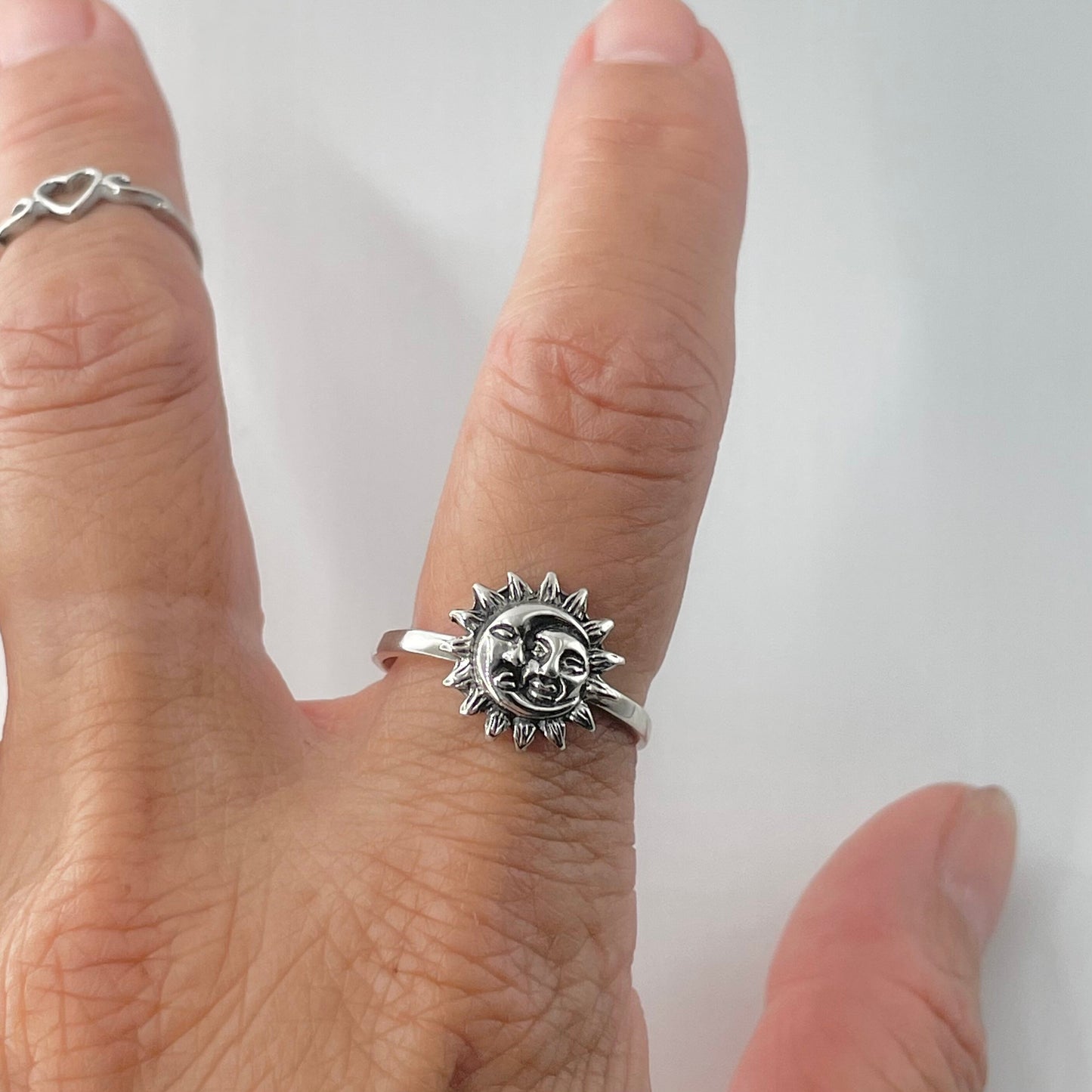 Sterling Silver Sun and Moon Ring, Silver Moon Ring, Silver Sun Ring, Sun Promise Ring, Moon Love Ring, Silver Sunshine Ring, Sun Face Ring,