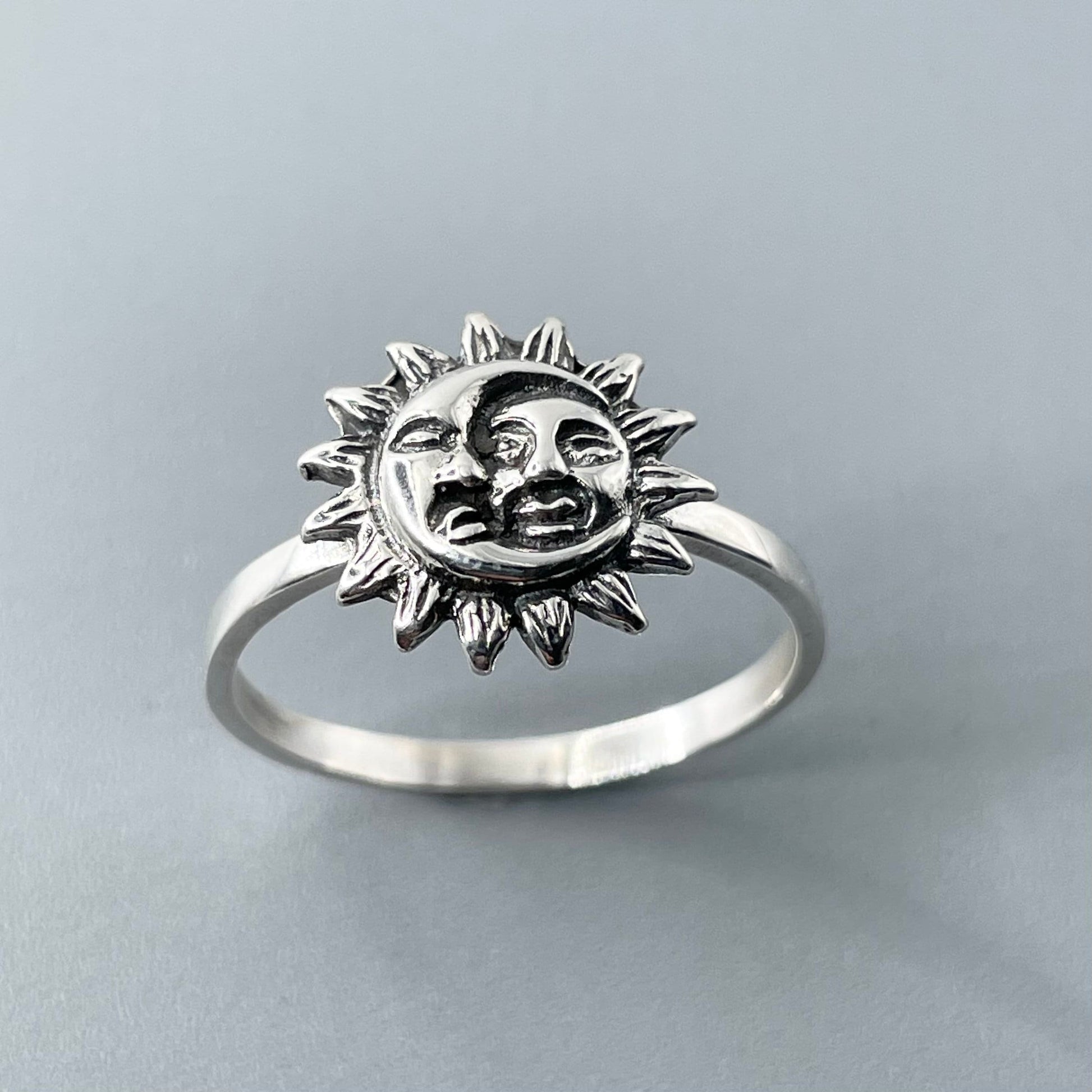 Sterling Silver Sun and Moon Ring, Silver Moon Ring, Silver Sun Ring, Sun Promise Ring, Moon Love Ring, Silver Sunshine Ring, Sun Face Ring,