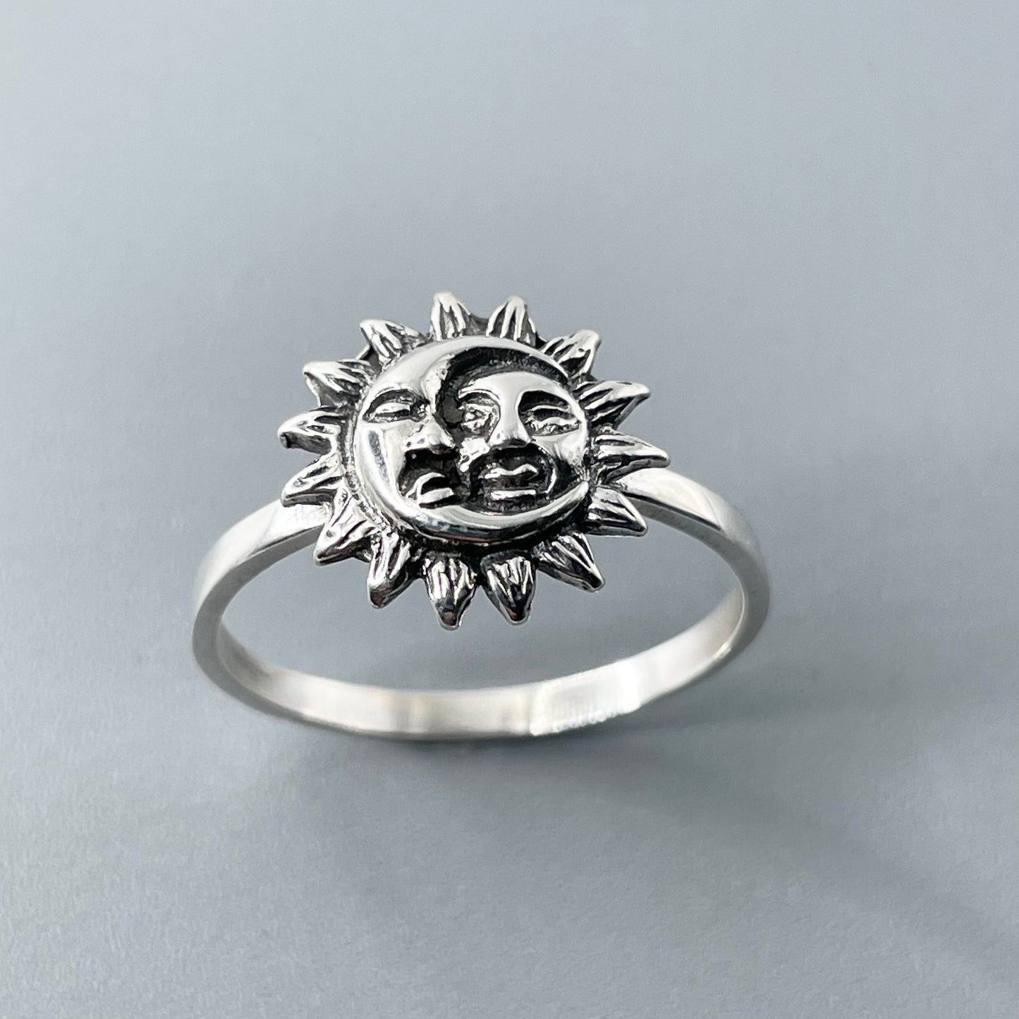 Oxidized Sterling Silver Sun and Moon Face Ring