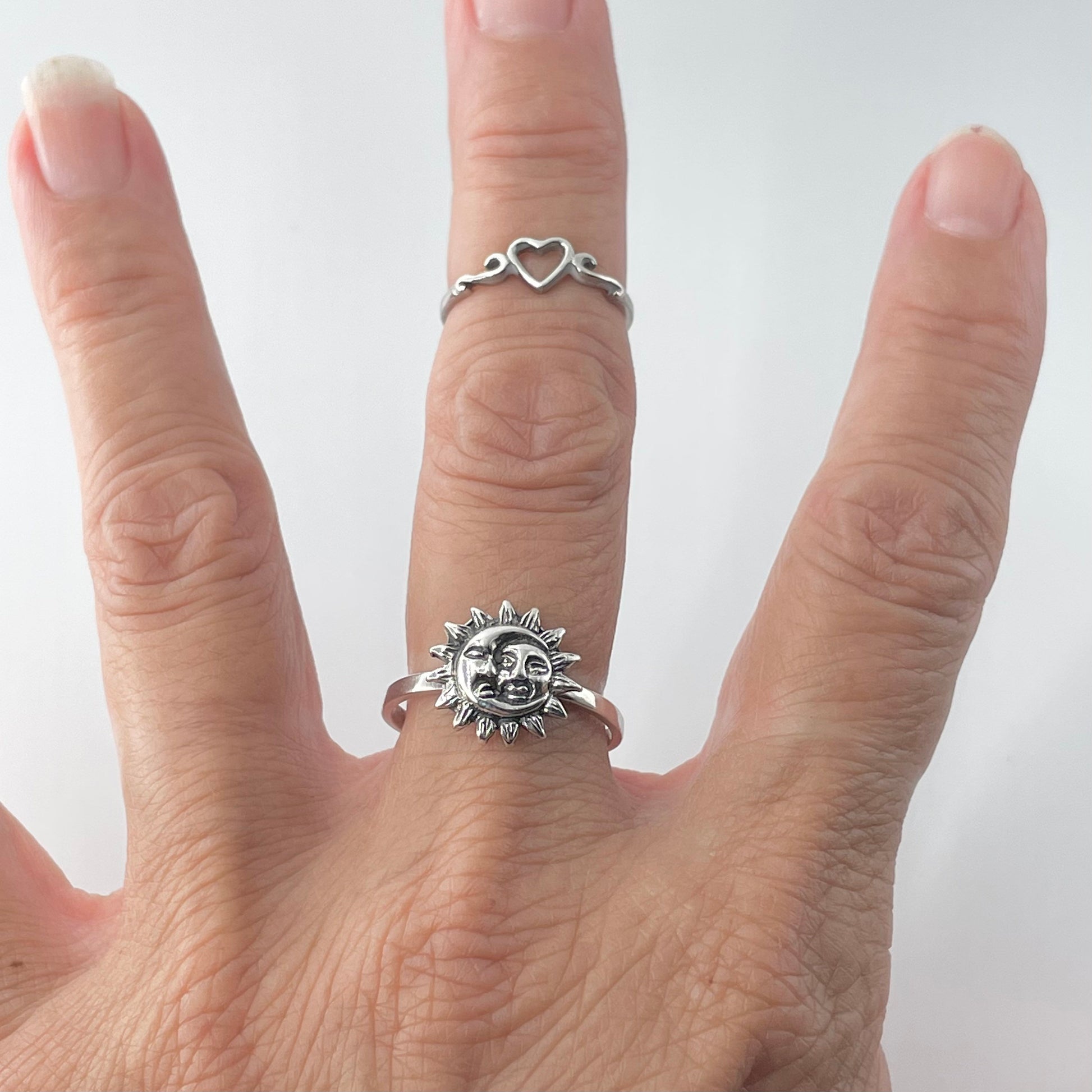 Sterling Silver Sun and Moon Ring, Silver Moon Ring, Silver Sun Ring, Sun Promise Ring, Moon Love Ring, Silver Sunshine Ring, Sun Face Ring,