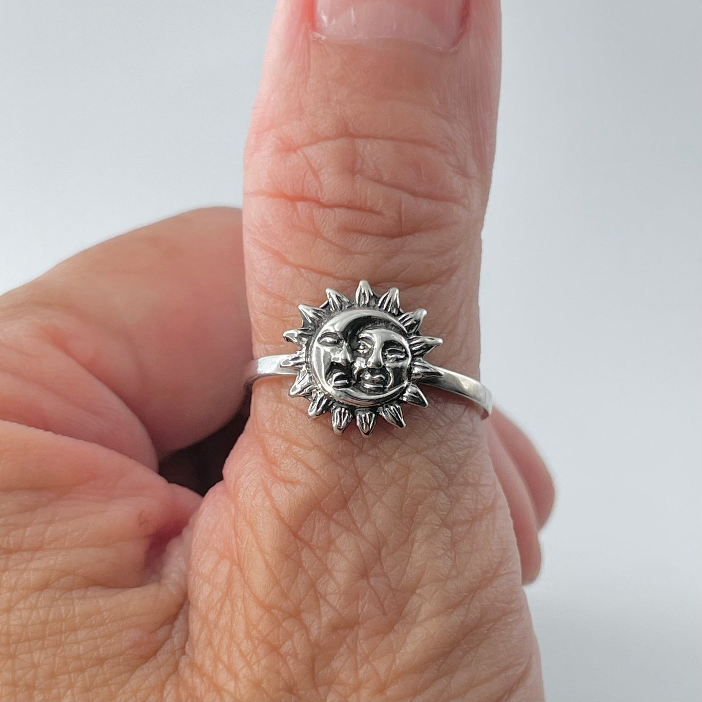 Oxidized Sterling Silver Sun and Moon Face Ring