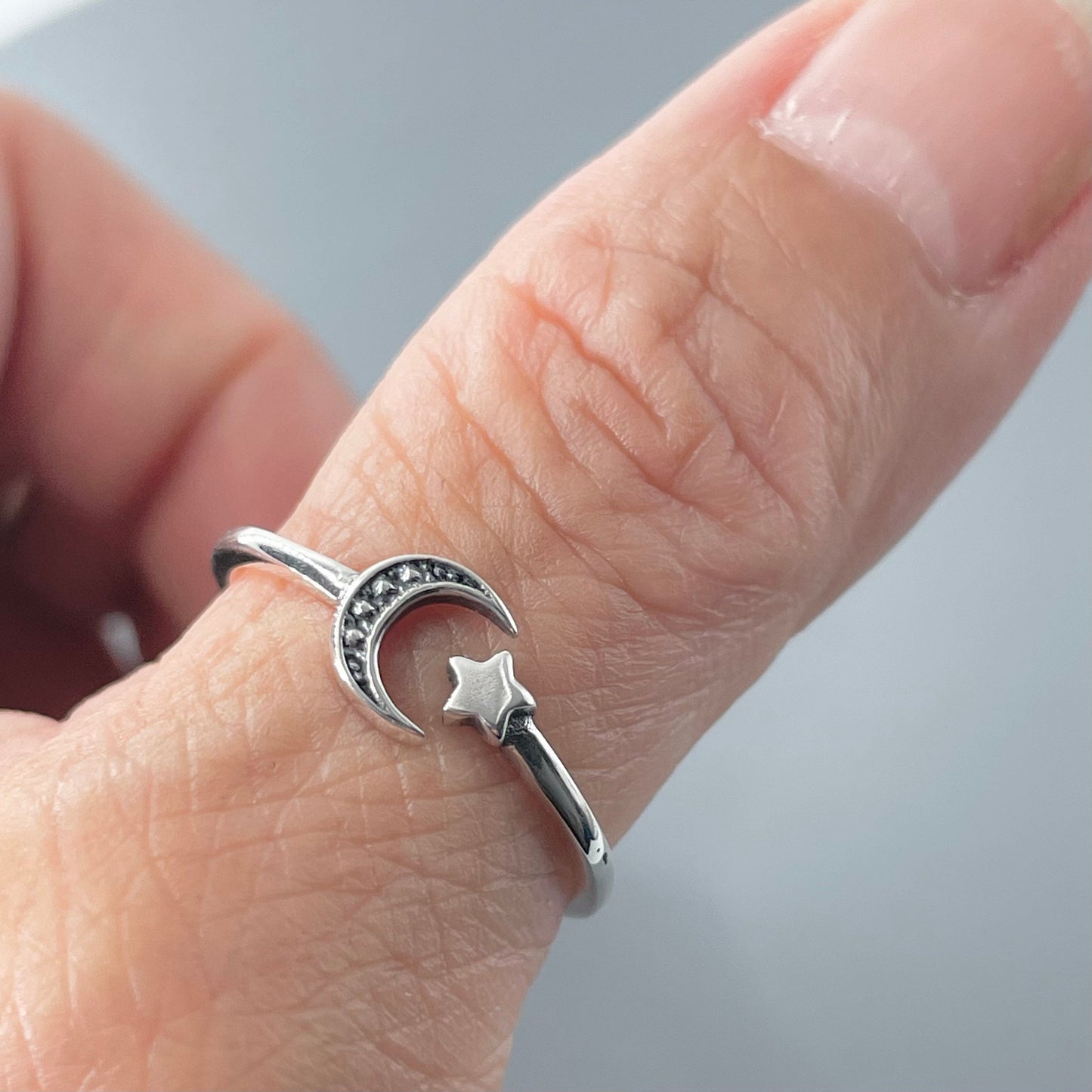 Sterling Silver Star Moon Adjustable Ring, Crescent Moon Ring, Silver Star Ring, Silver Moon Ring, Dainty Celestial Ring, Star Toe Ring.