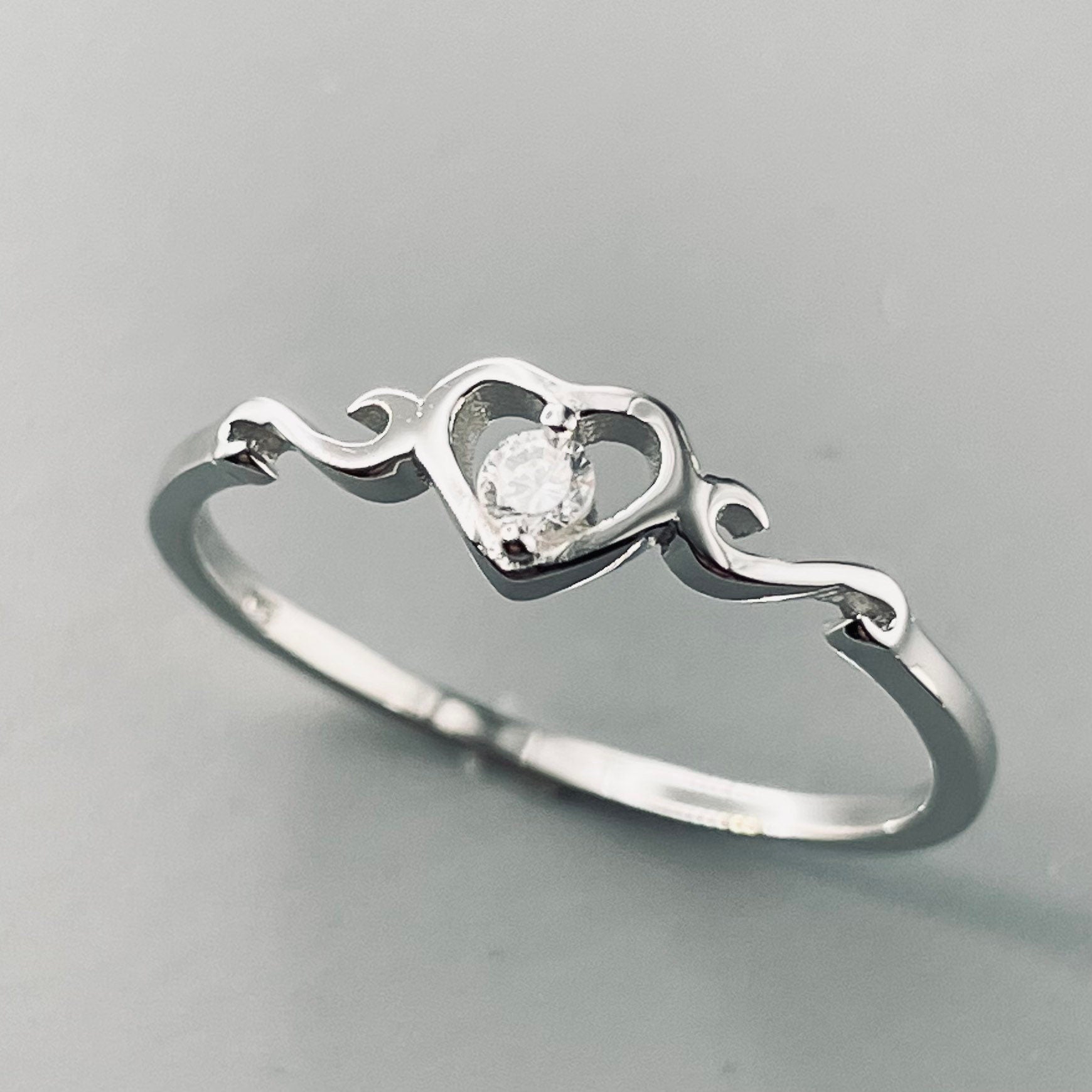 Small CZ Heart with Swirl Sides Sterling Silver Ring, Love Ring, Promise Ring, Anniversary Ring, Cubic Zirconia Ring, I Love You Ring.