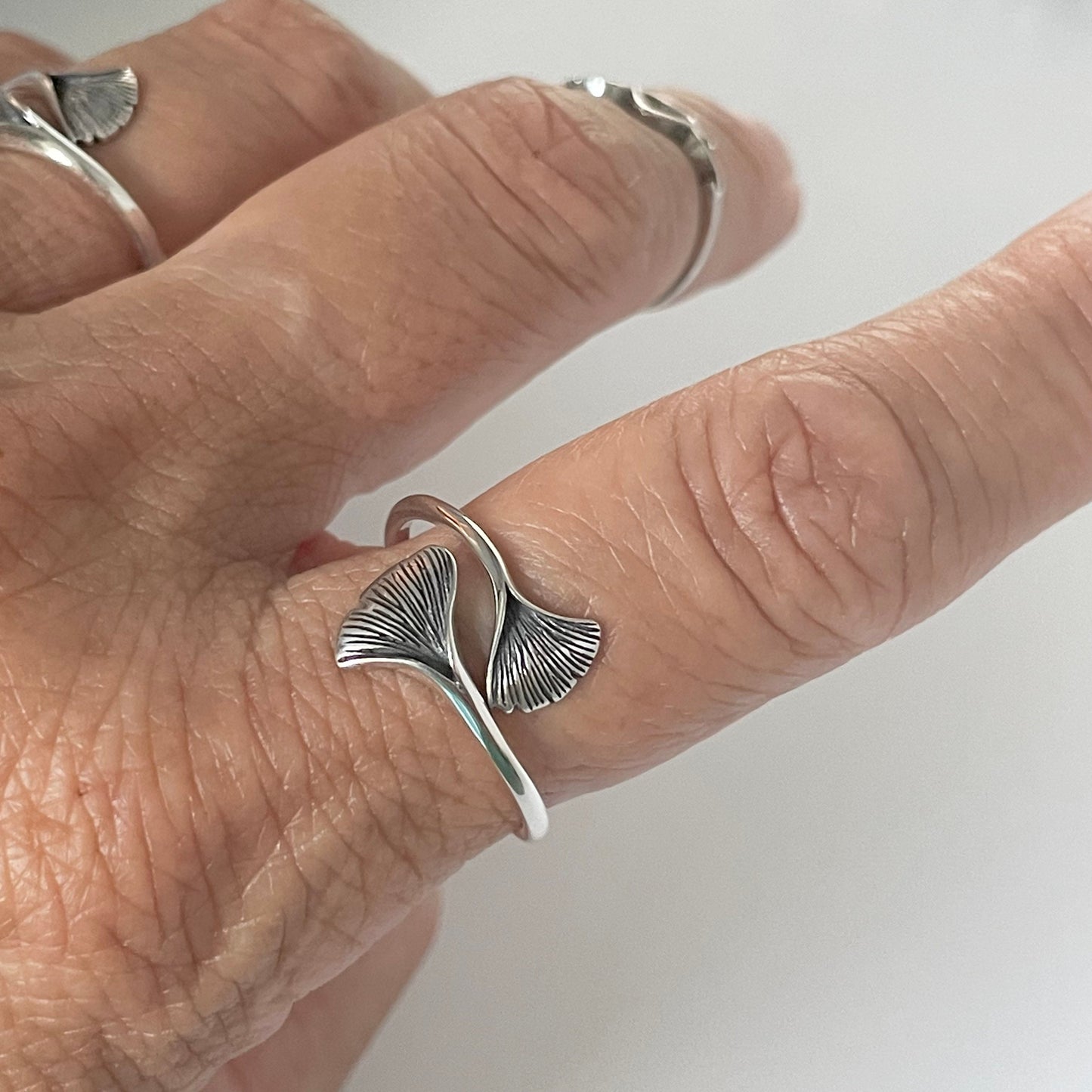 Oxidized Sterling Silver Ginkgo Leaf Ring: Wraparound Boho Style