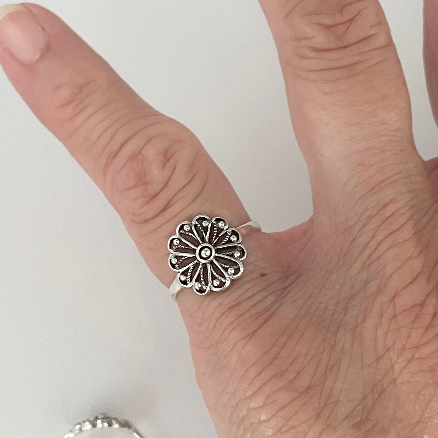 Sterling Silver Mandala Flower Ring: Spiritual Boho Jewelry