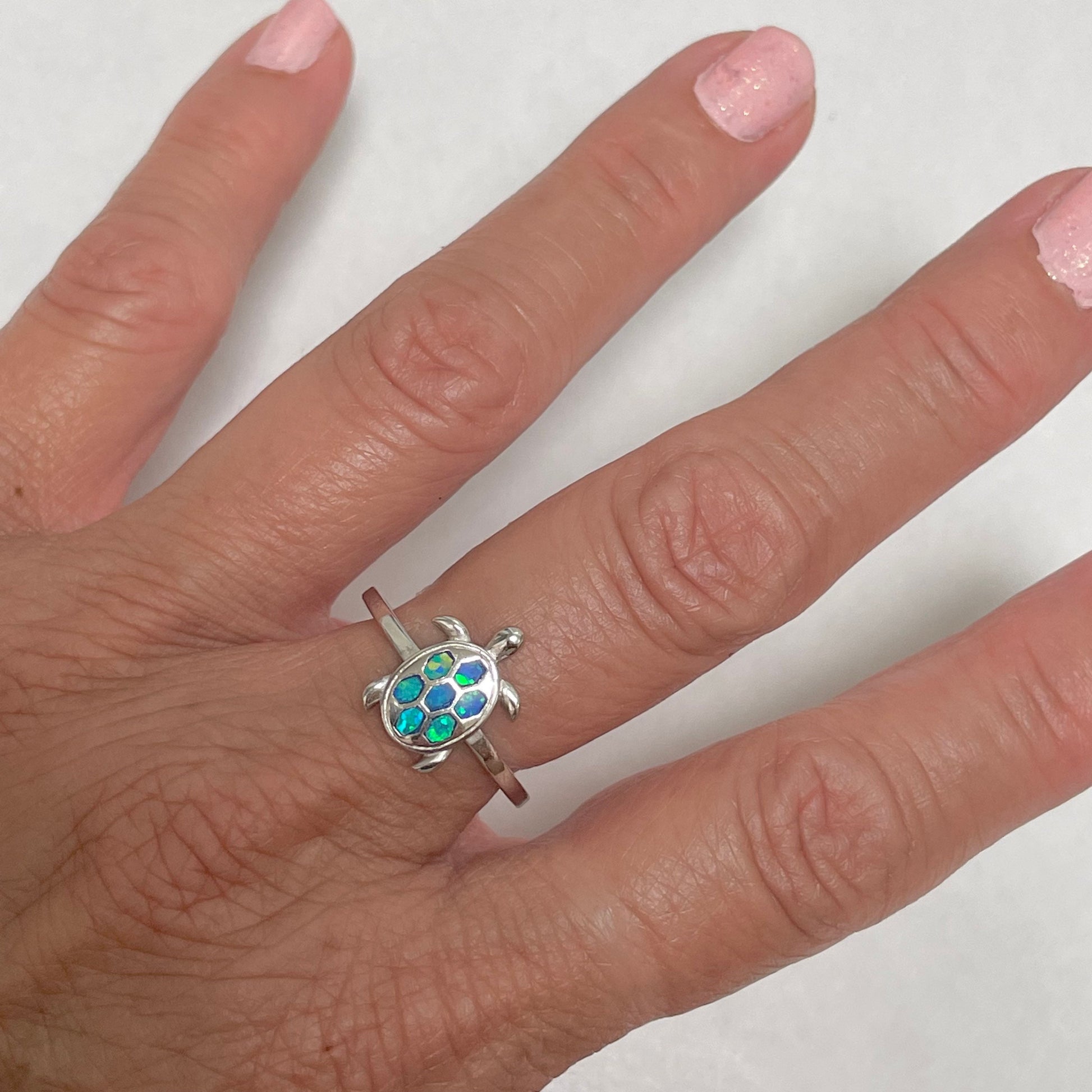 Sterling Silver Fire Opal or Blue Opal Turtle Ring, Silver Opal Ring, Love Ring, Promise Turtle Ring, Silver Turtle Ring, White Opal Ring.