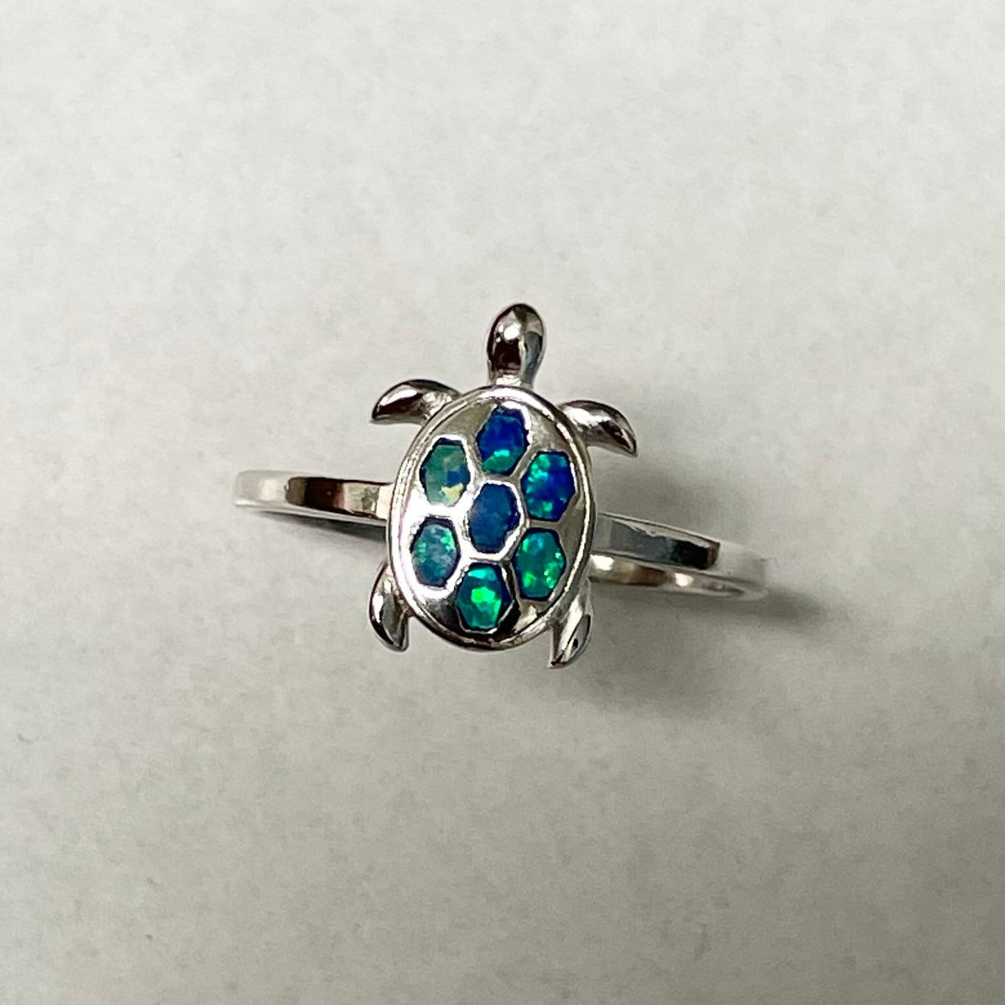 Sterling Silver Turtle Ring: White or Blue Lab Opal, Ocean Jewelry