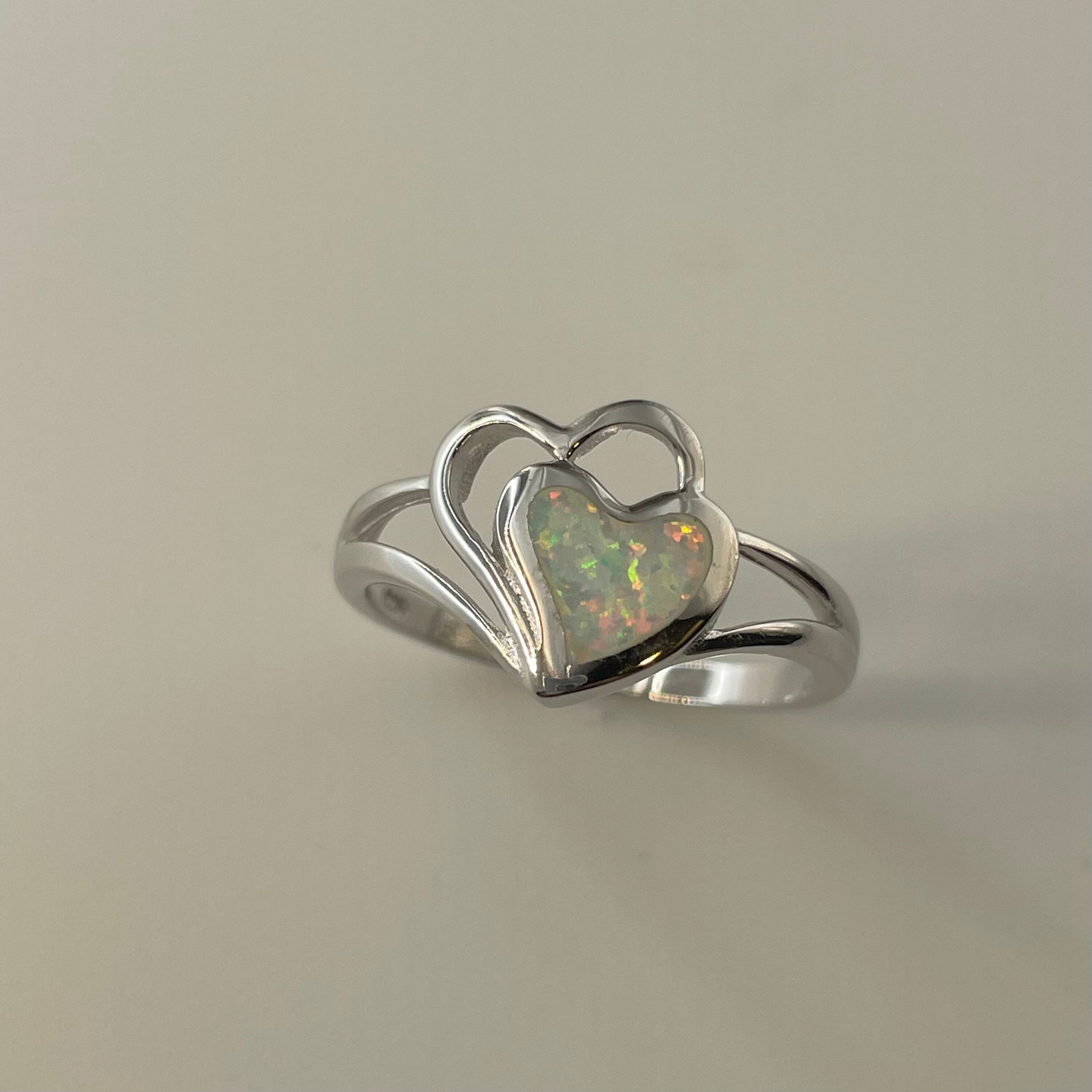 Fire Opal Two Hearts Sterling Silver Ring, Opal Heart Ring, Silver Hearts Ring, Friendship Heart Ring, Promise Hearts Ring, I Love You Ring.