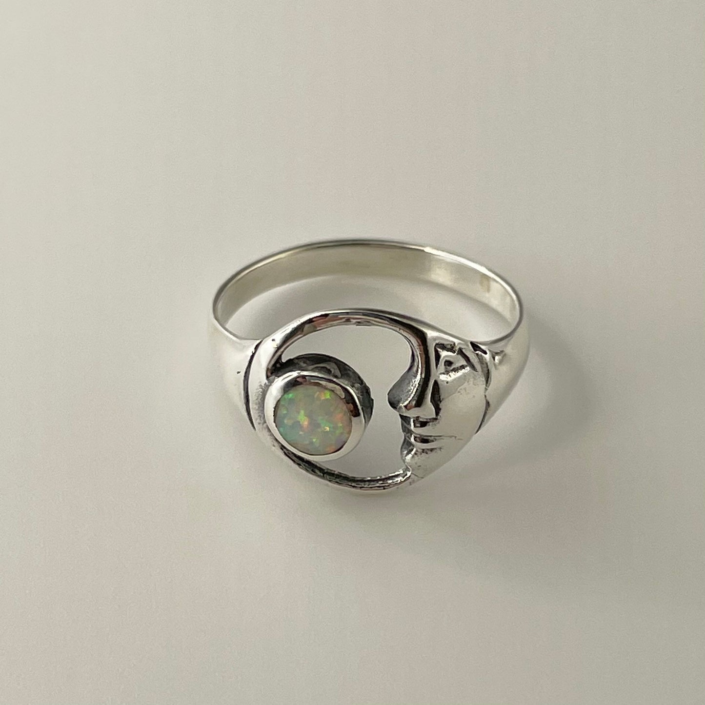 Turquoise or Opal Moon Face Ring: Sterling Silver Celestial Jewelry